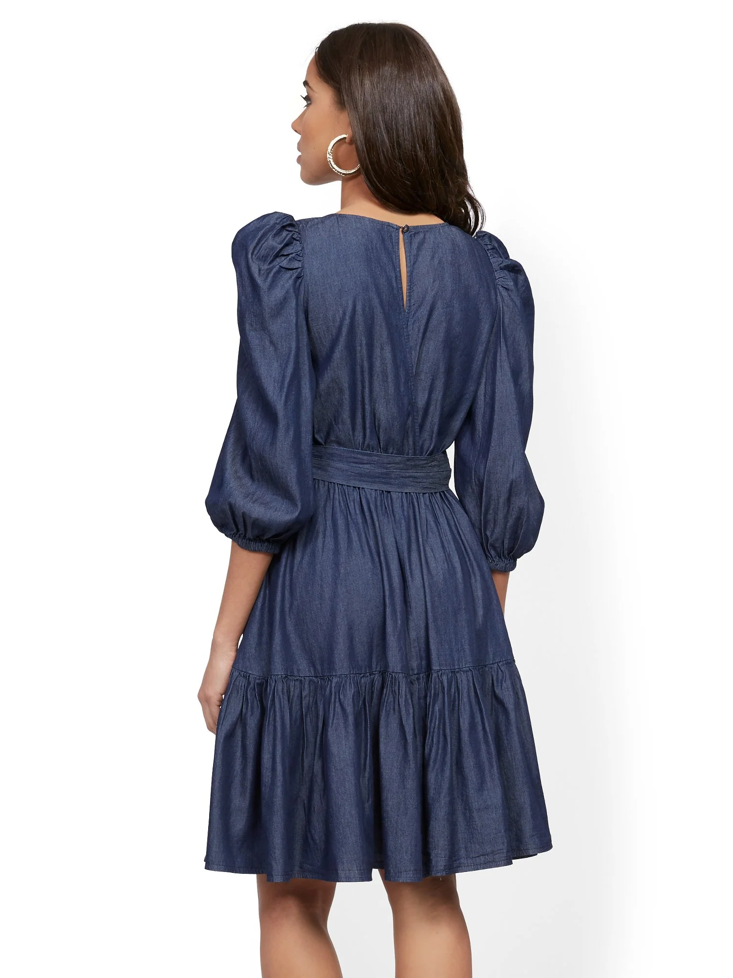 Denim Puff-Sleeve Fit and Flare Dress - Image 3