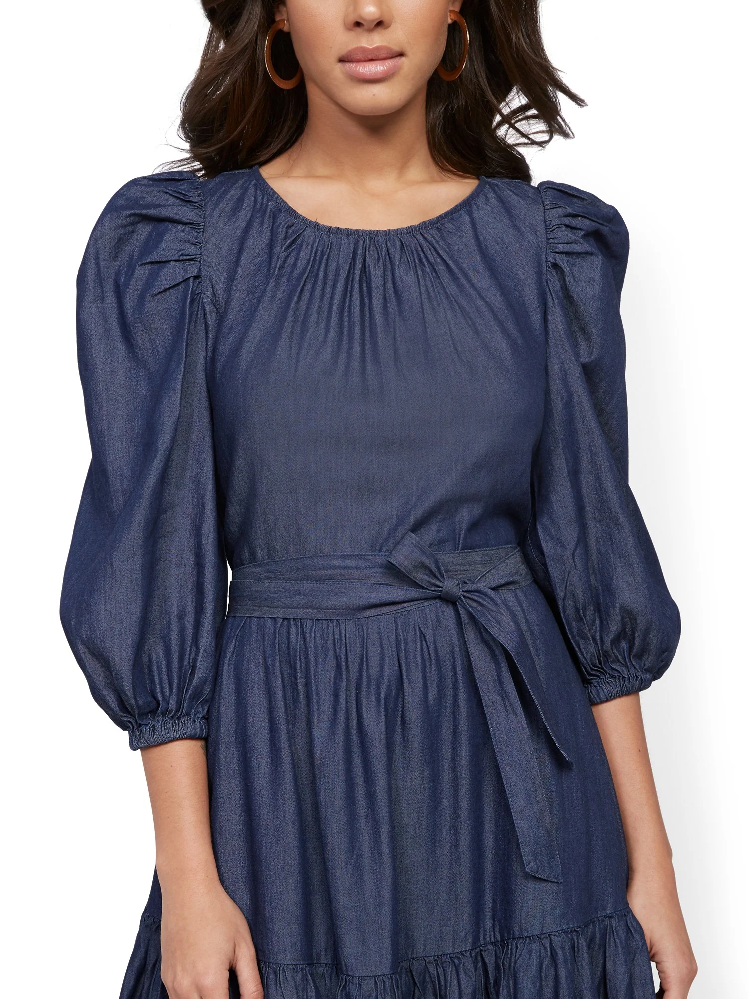 Denim Puff-Sleeve Fit and Flare Dress - Image 4
