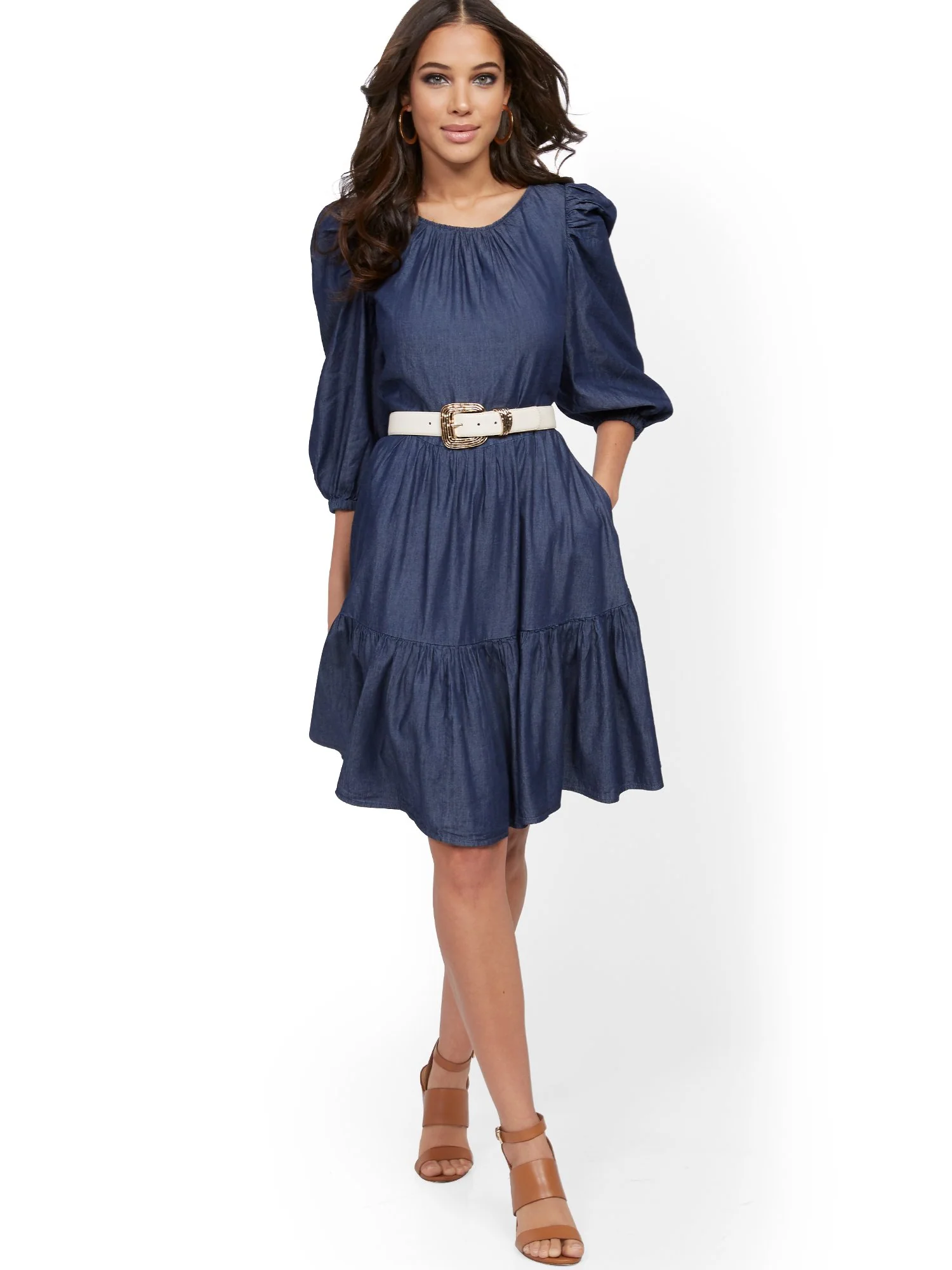 Denim Puff-Sleeve Fit and Flare Dress - Image 5