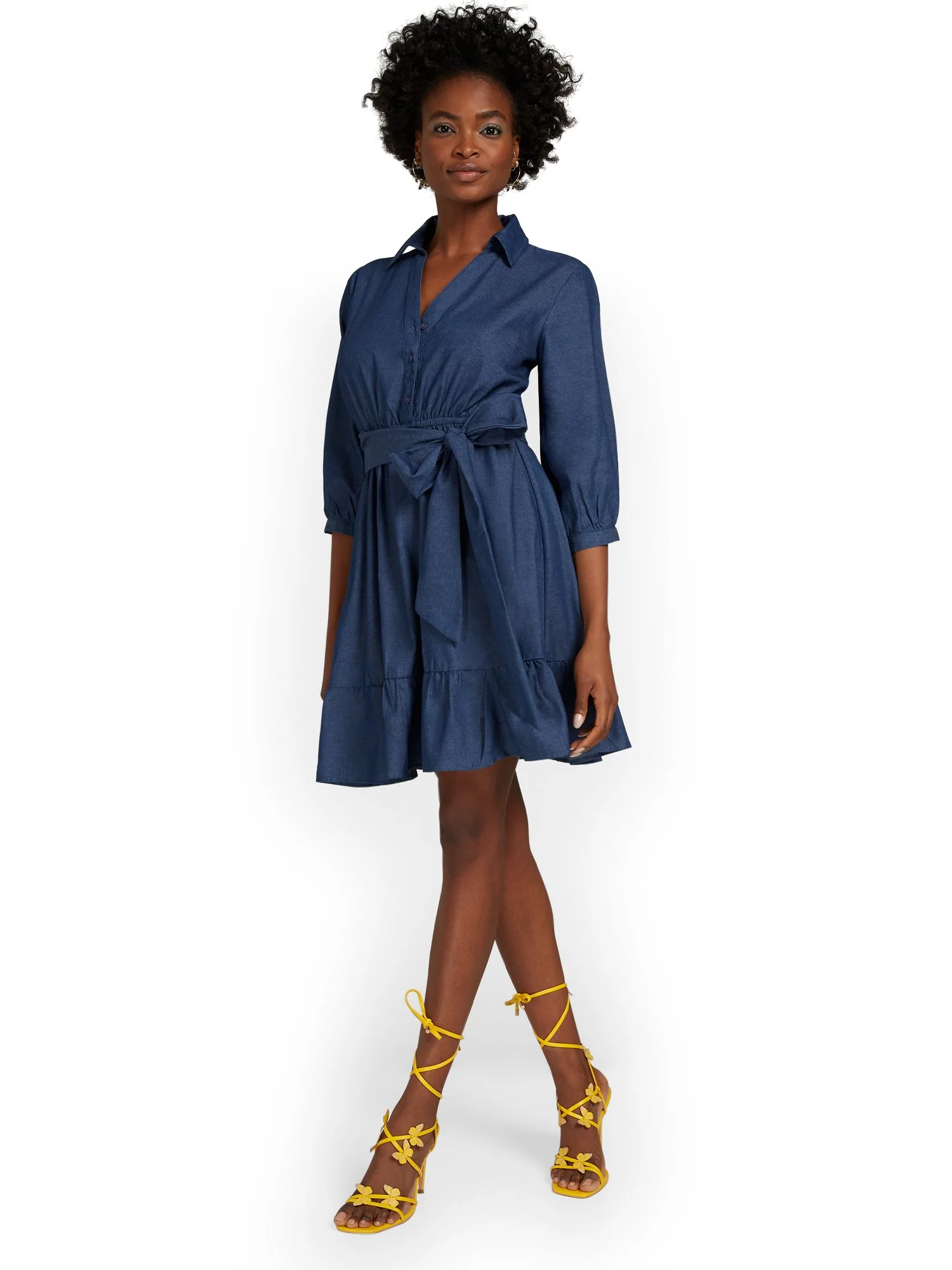 Denim Puff-Sleeve Tie-Waist Dress