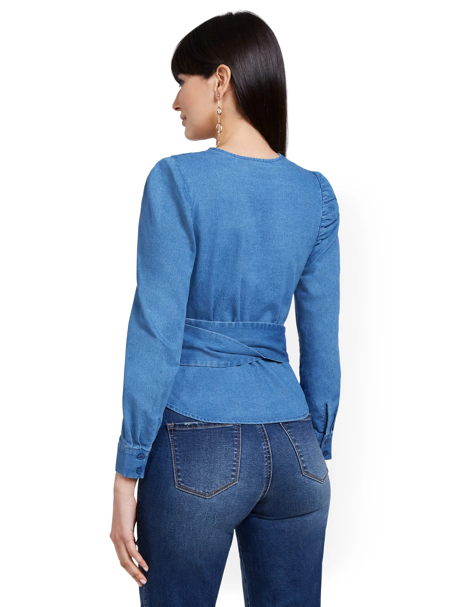 Denim Puff-Sleeve Wrap Top - Image 3