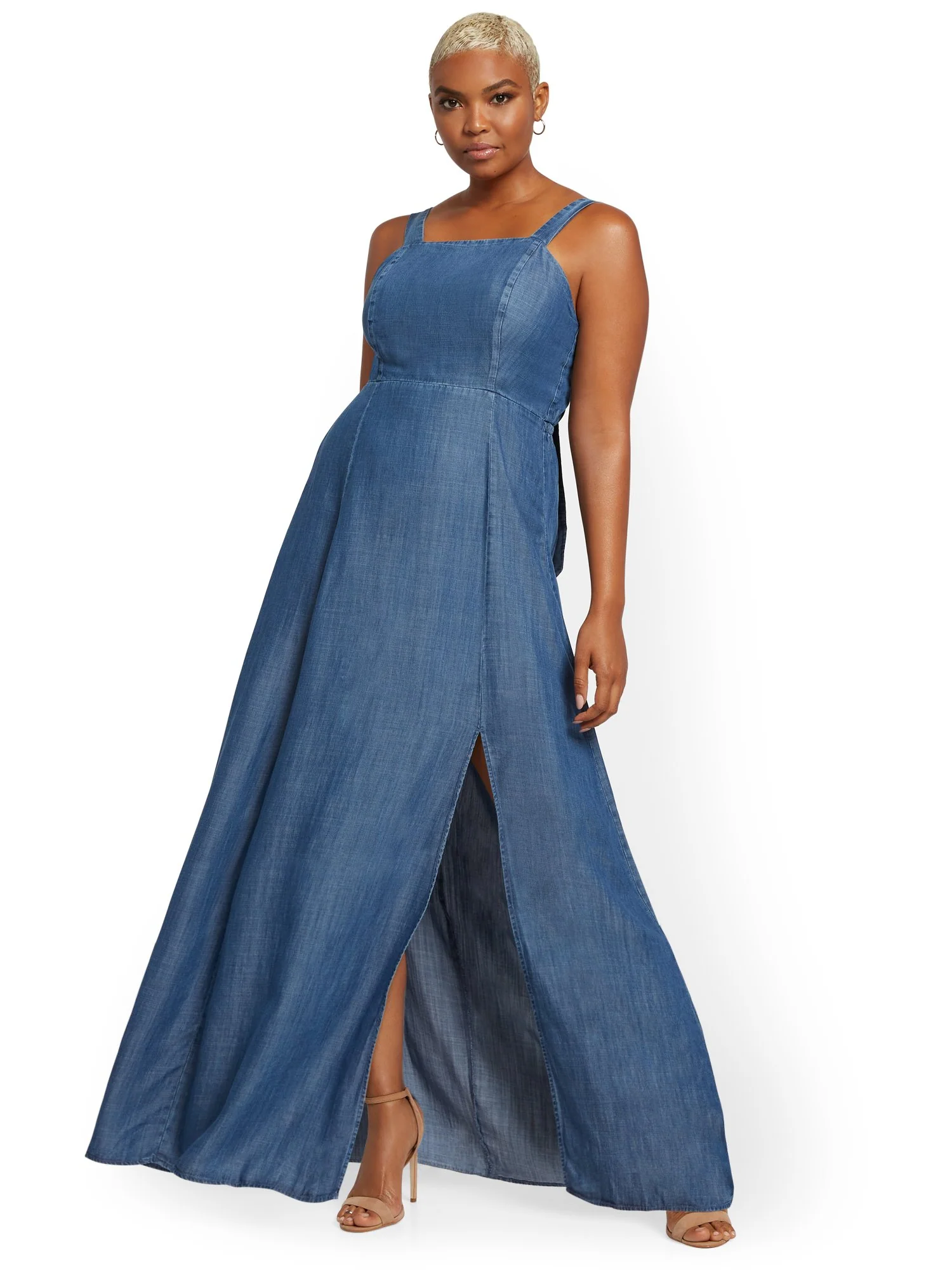 Denim Tie-Back Maxi Dress - Image 4