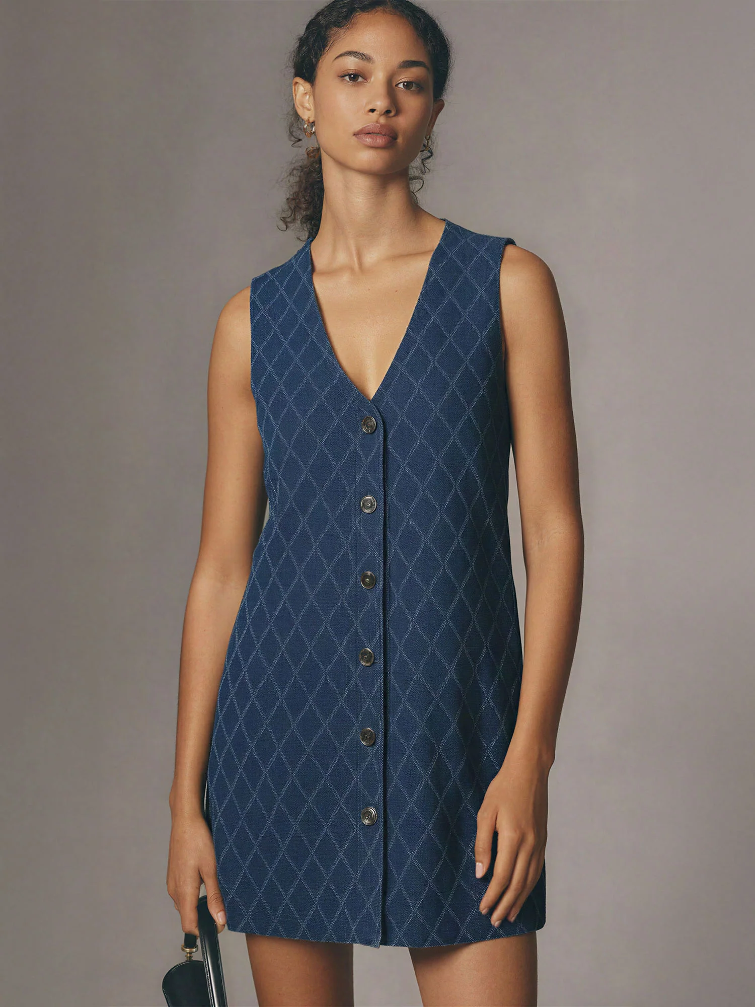 Denim Mini V-Neck Diamond Stitch Button Down Dress - Image 3