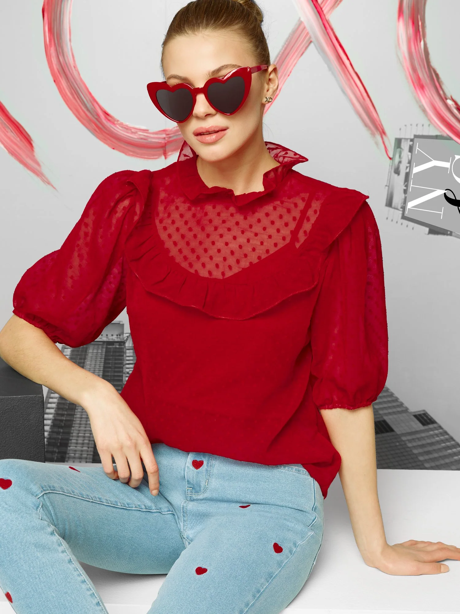 Dot-Detail Ruffle-Collar Blouse