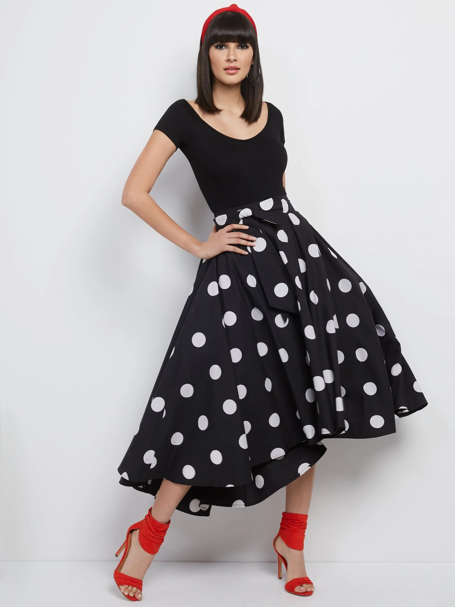 Dot-Print Hi-Lo Poplin Skirt