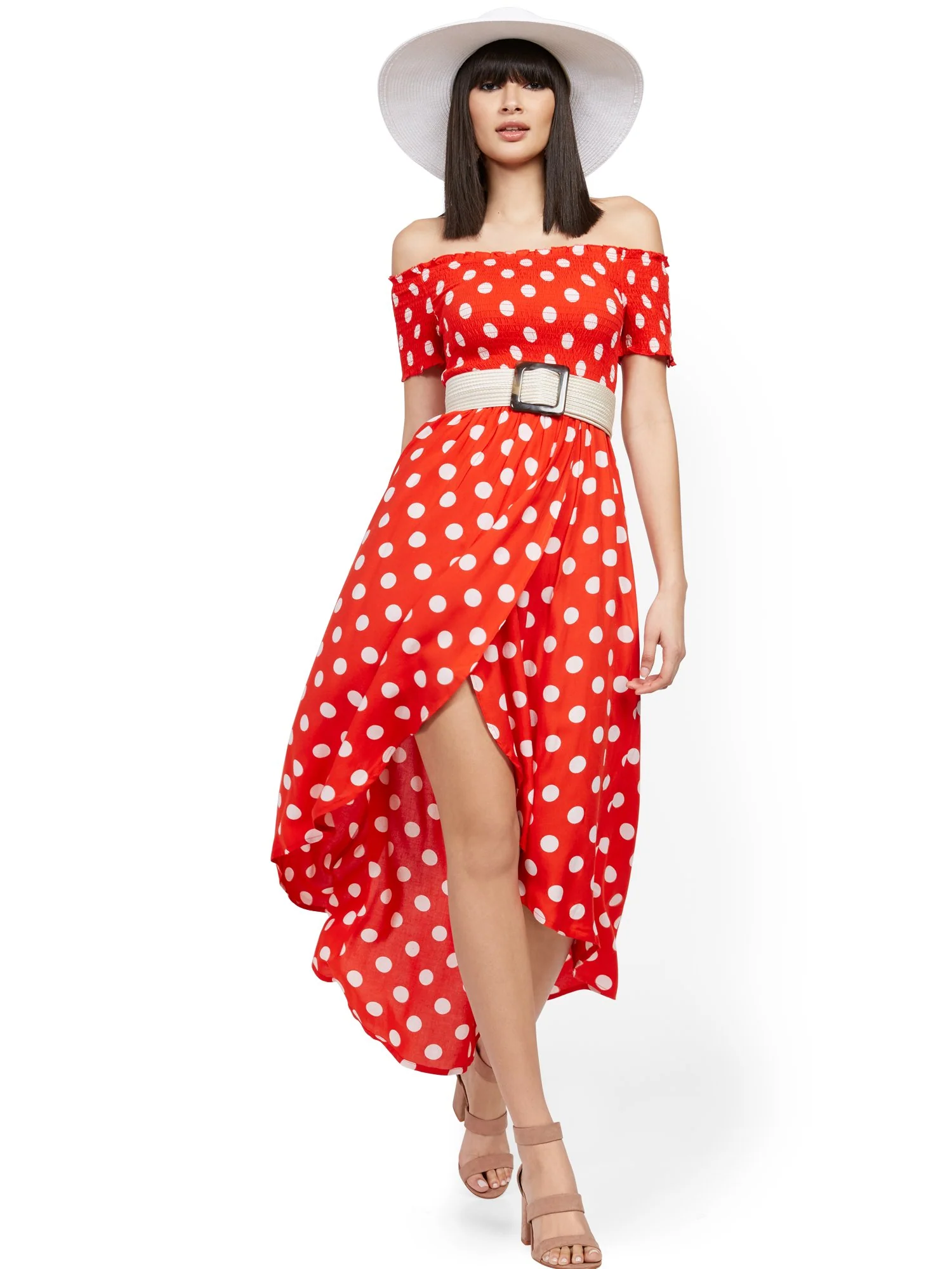 Dot-Print Off-The-Shoulder Hi-Lo Wrap Maxi Dress - Image 2