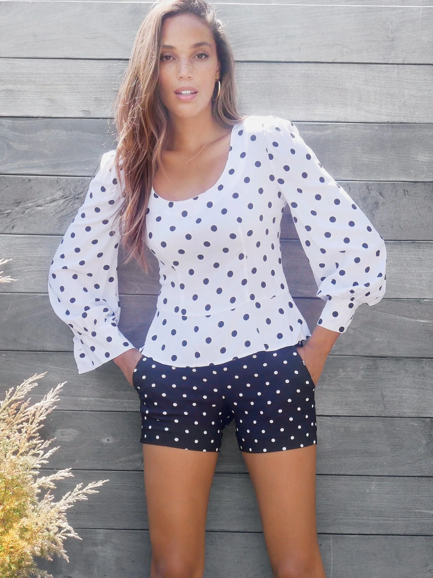 Dot-Print Puff-Sleeve Peplum Top - Image 5