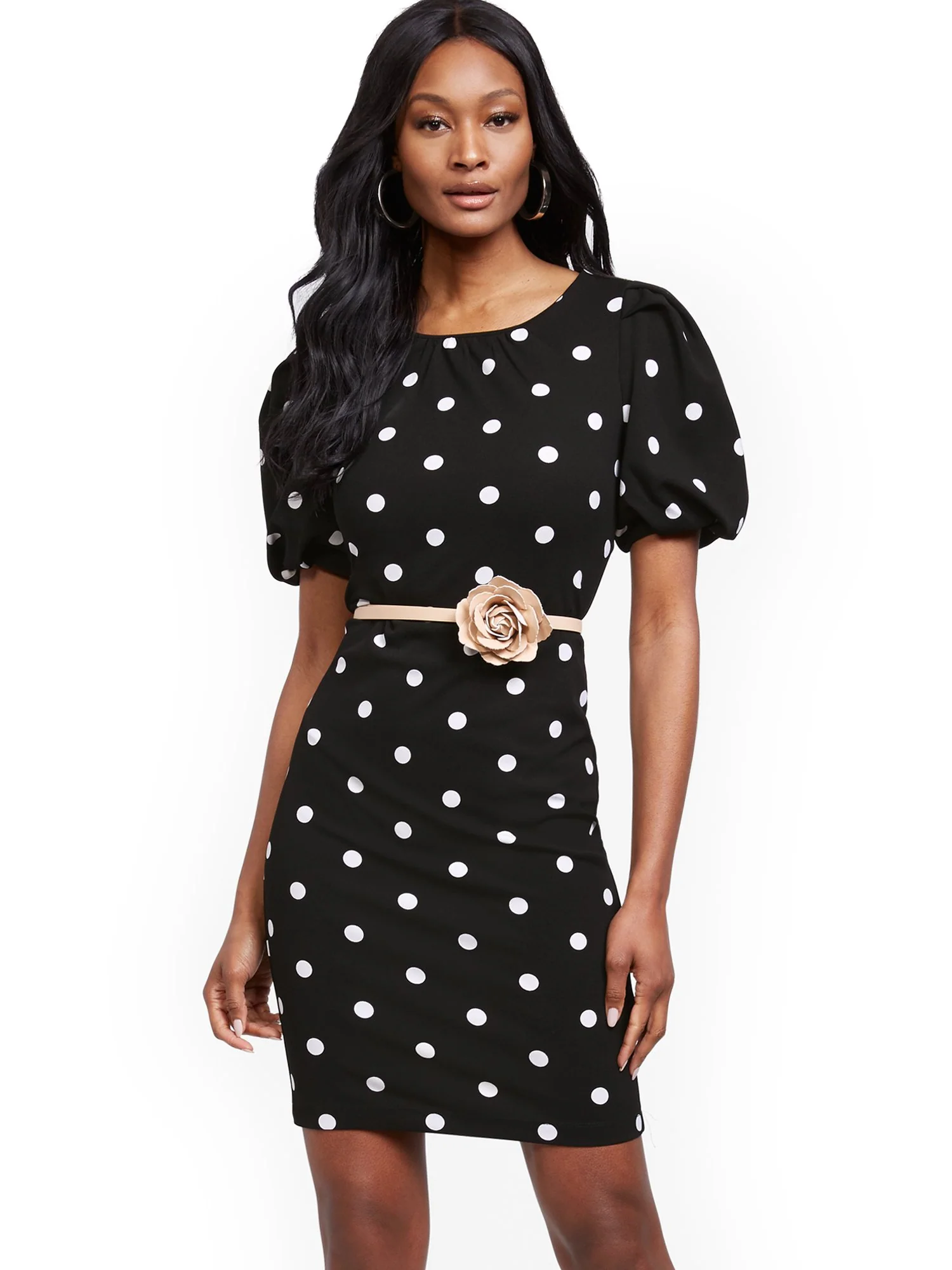 Dot-Print Puff-Sleeve Sheath Dress