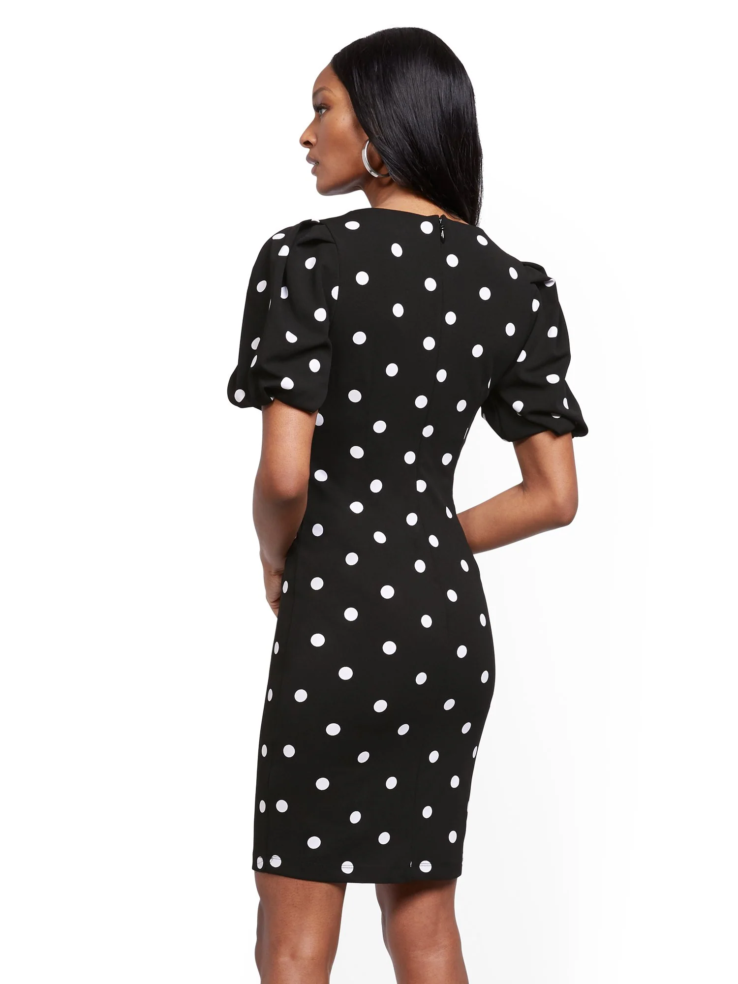 Dot-Print Puff-Sleeve Sheath Dress - Image 3