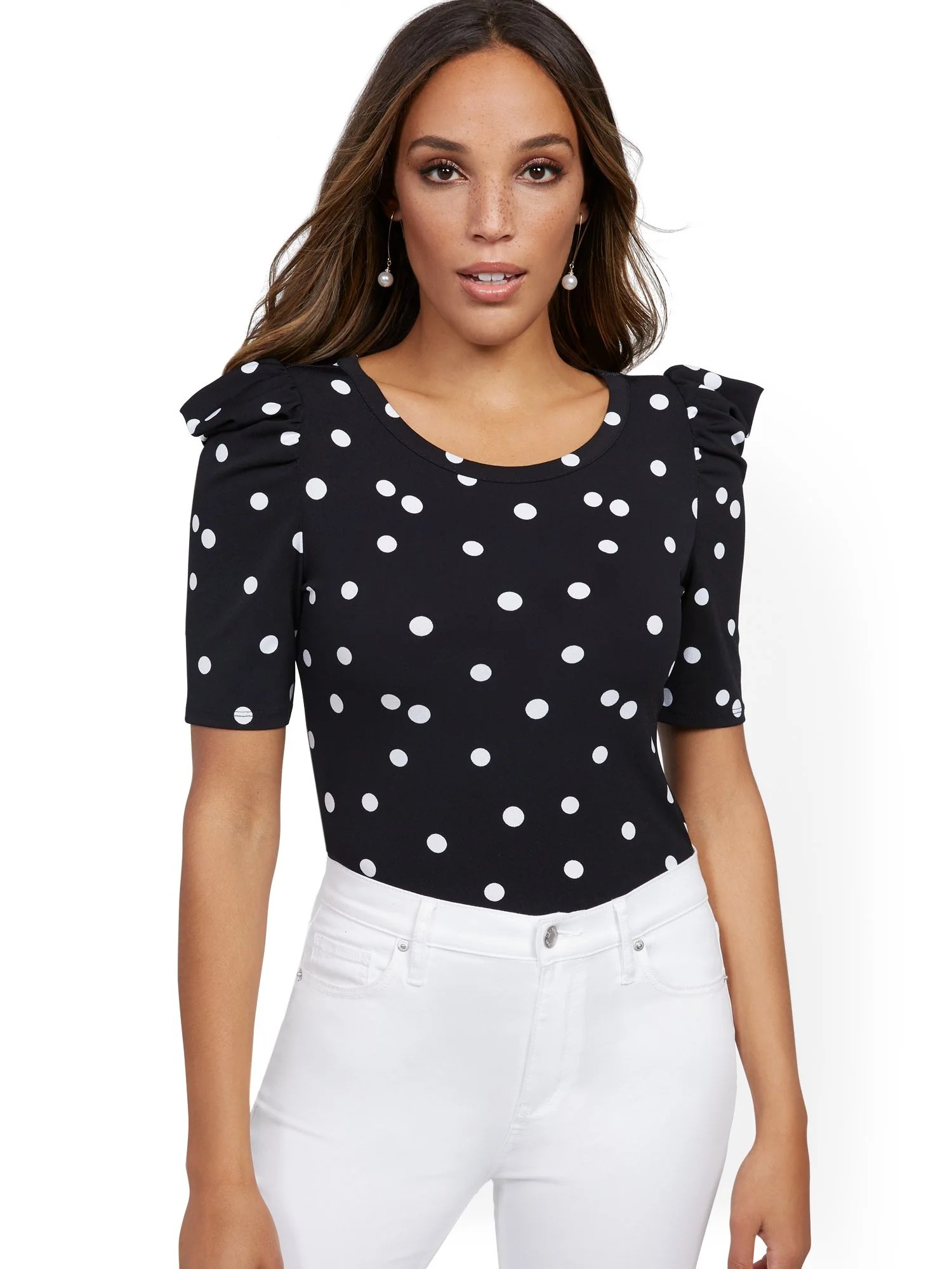 Dot-Print Puff-Sleeve Top