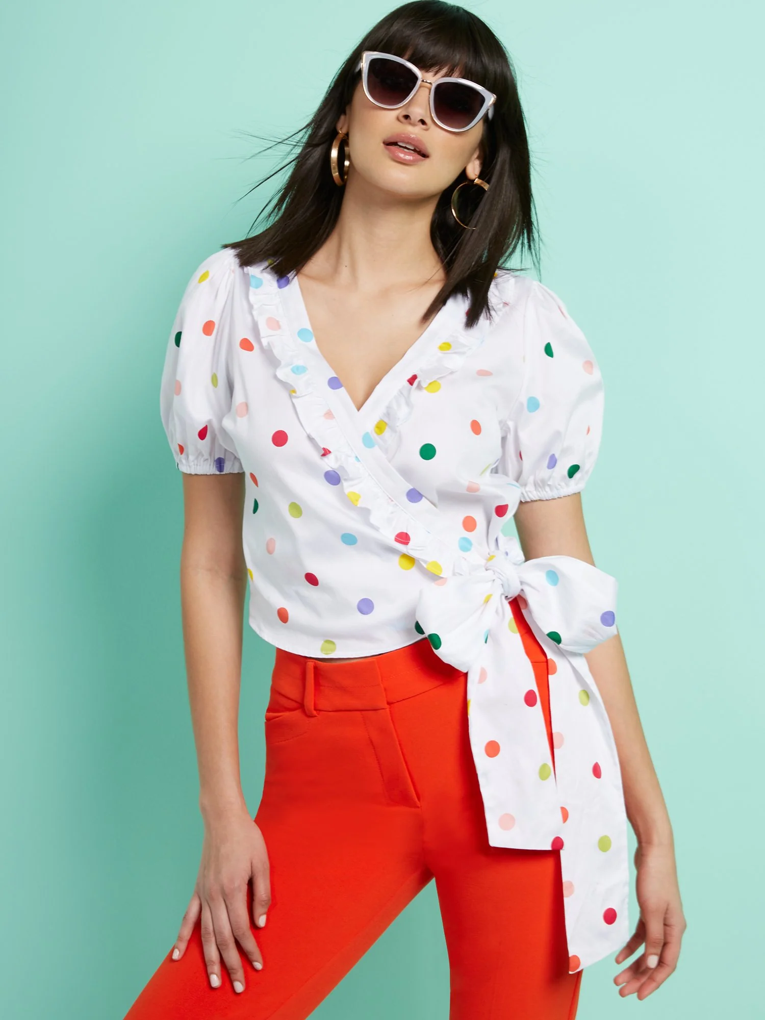 Dot-Print Ruffled Poplin Tie-Waist Shirt - 7th Avenue - Image 2