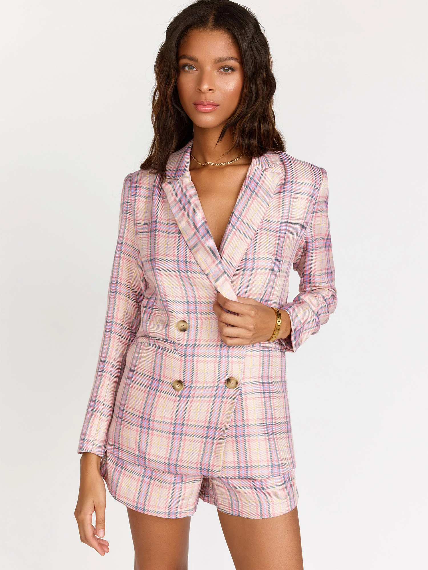 Double-Breasted Pastel Plaid Blazer - Fanco - Image 2