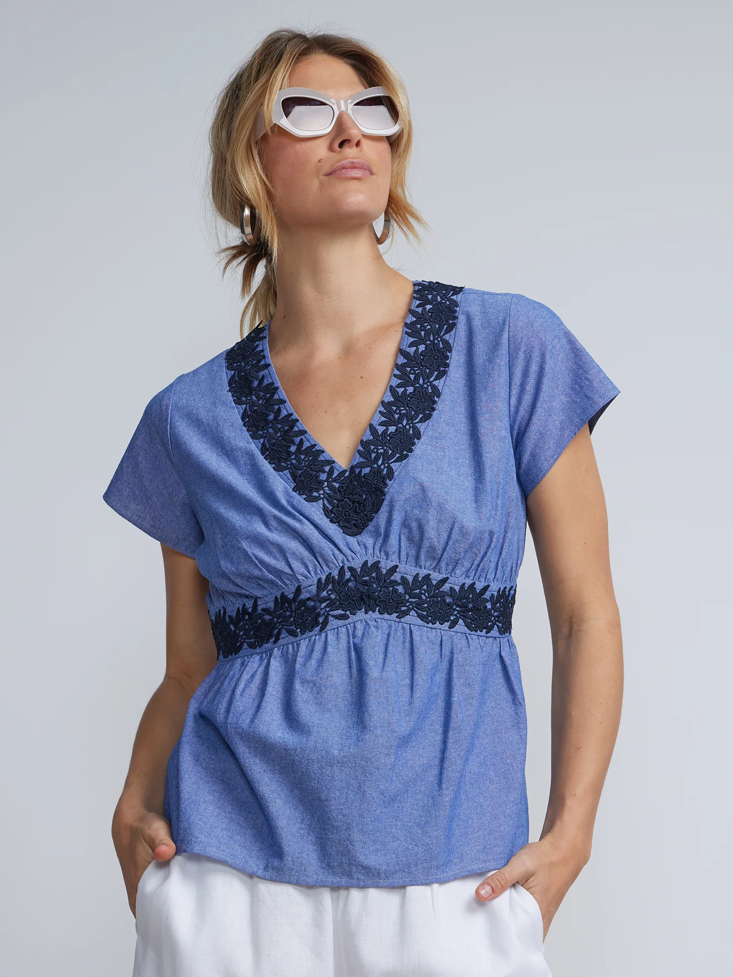 Embellished-Detail V-Neck Top
