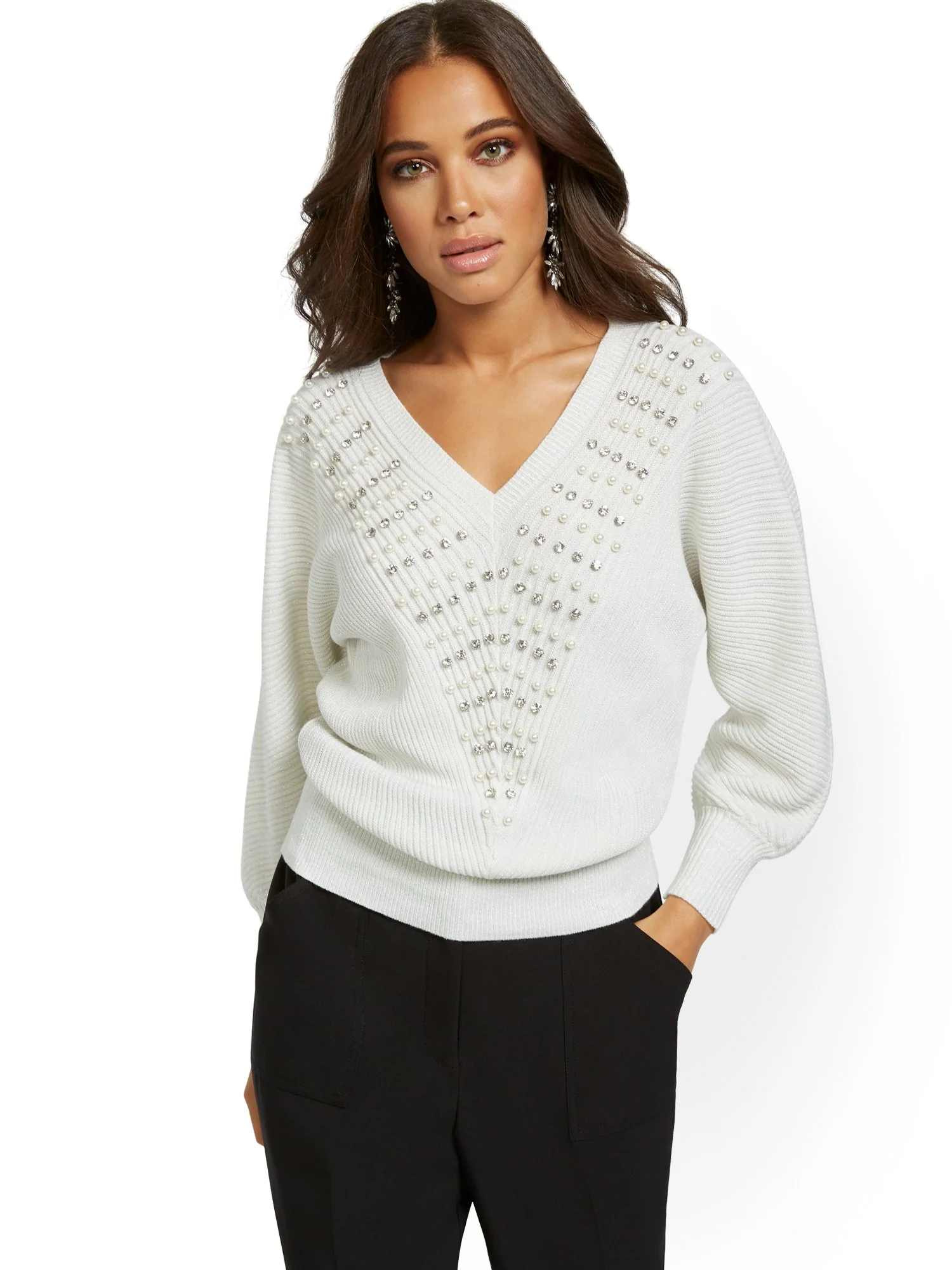 Embellished V-Neck Dolman Sweater - Image 9