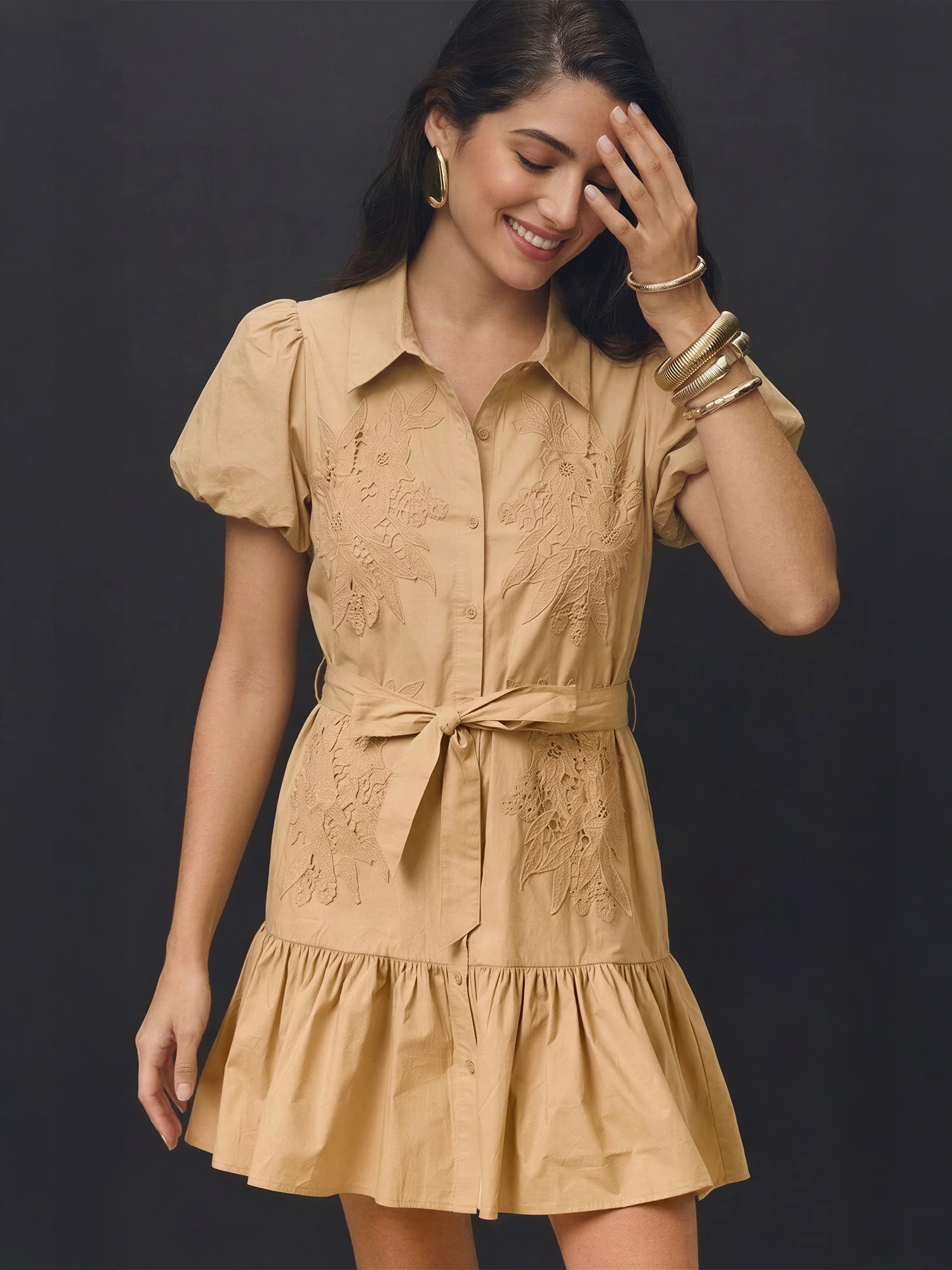 Emboridered Collar Button Down Self Band W/Dress