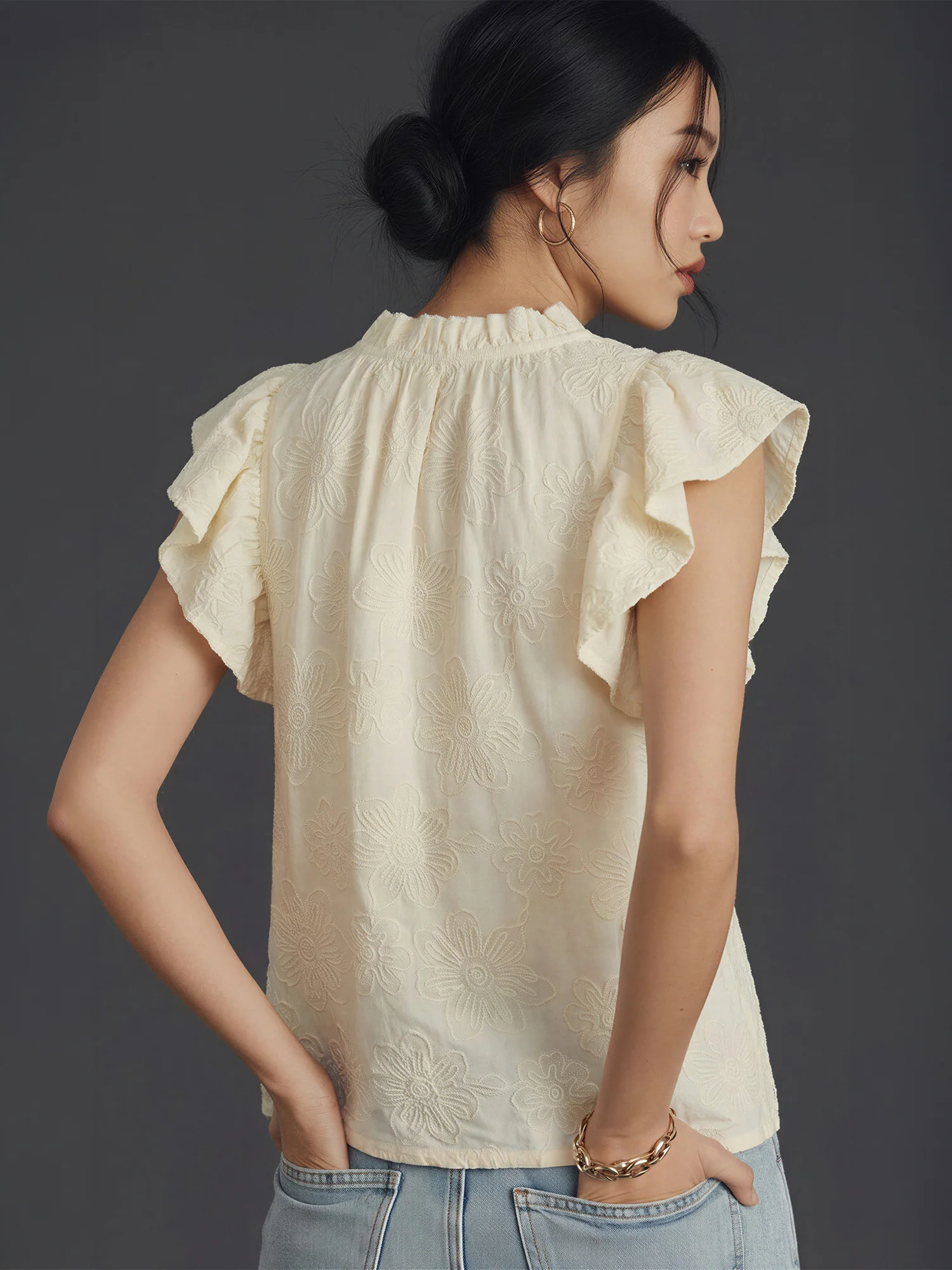 Emboridered Texture Flutter Sleeve Top - Image 3
