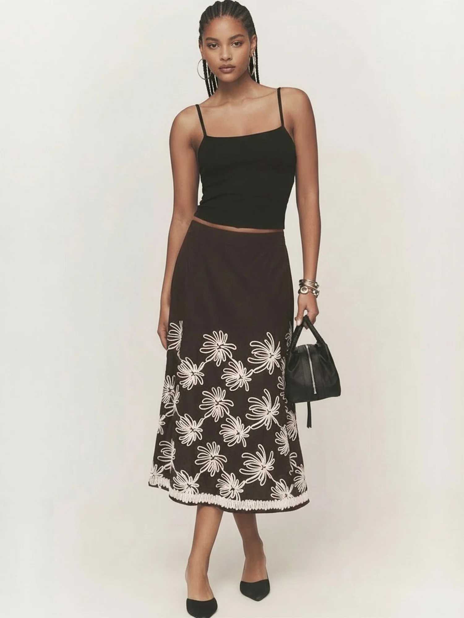 Embroidered Detail Midi Skirt