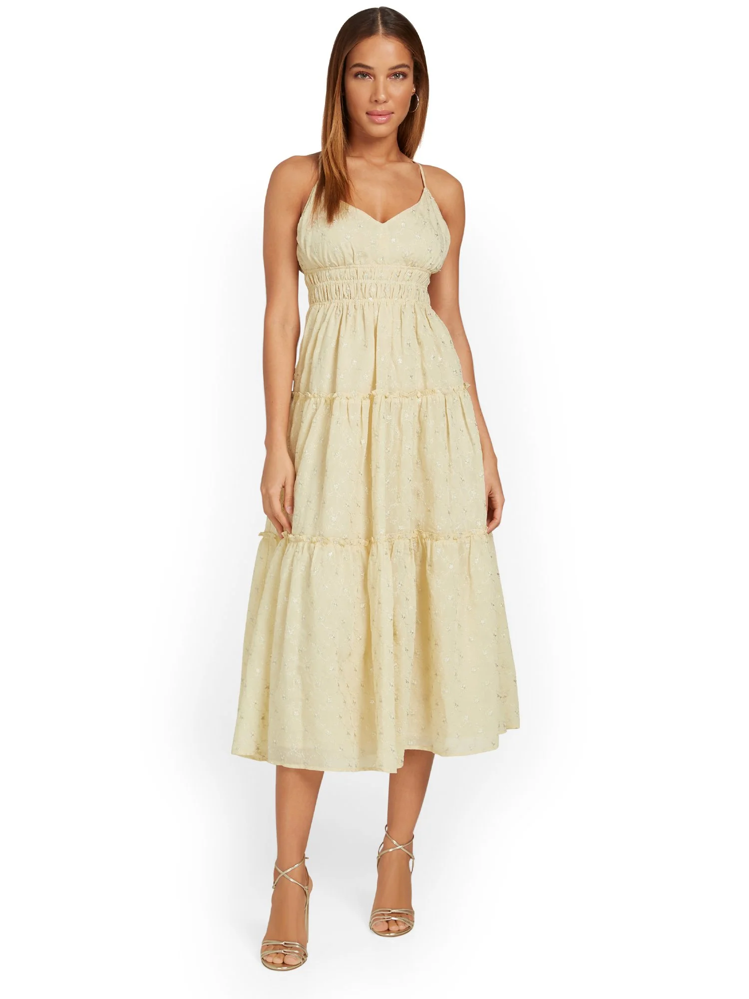 Just Me Embroidered Lurex Tiered Midi Dress - Brands We Love