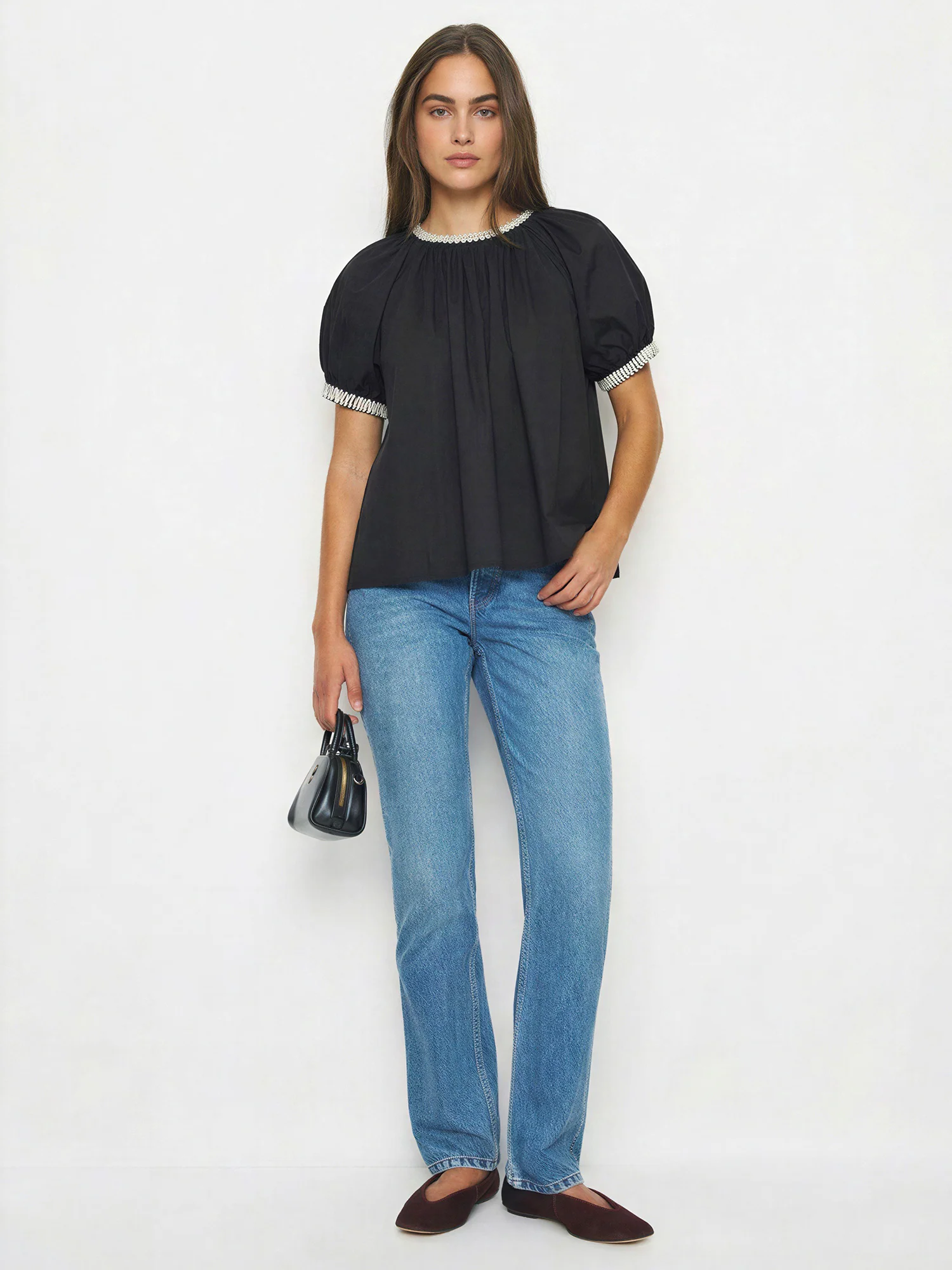 Embroidered Neck Sleeve Bow Detail Top - Image 2