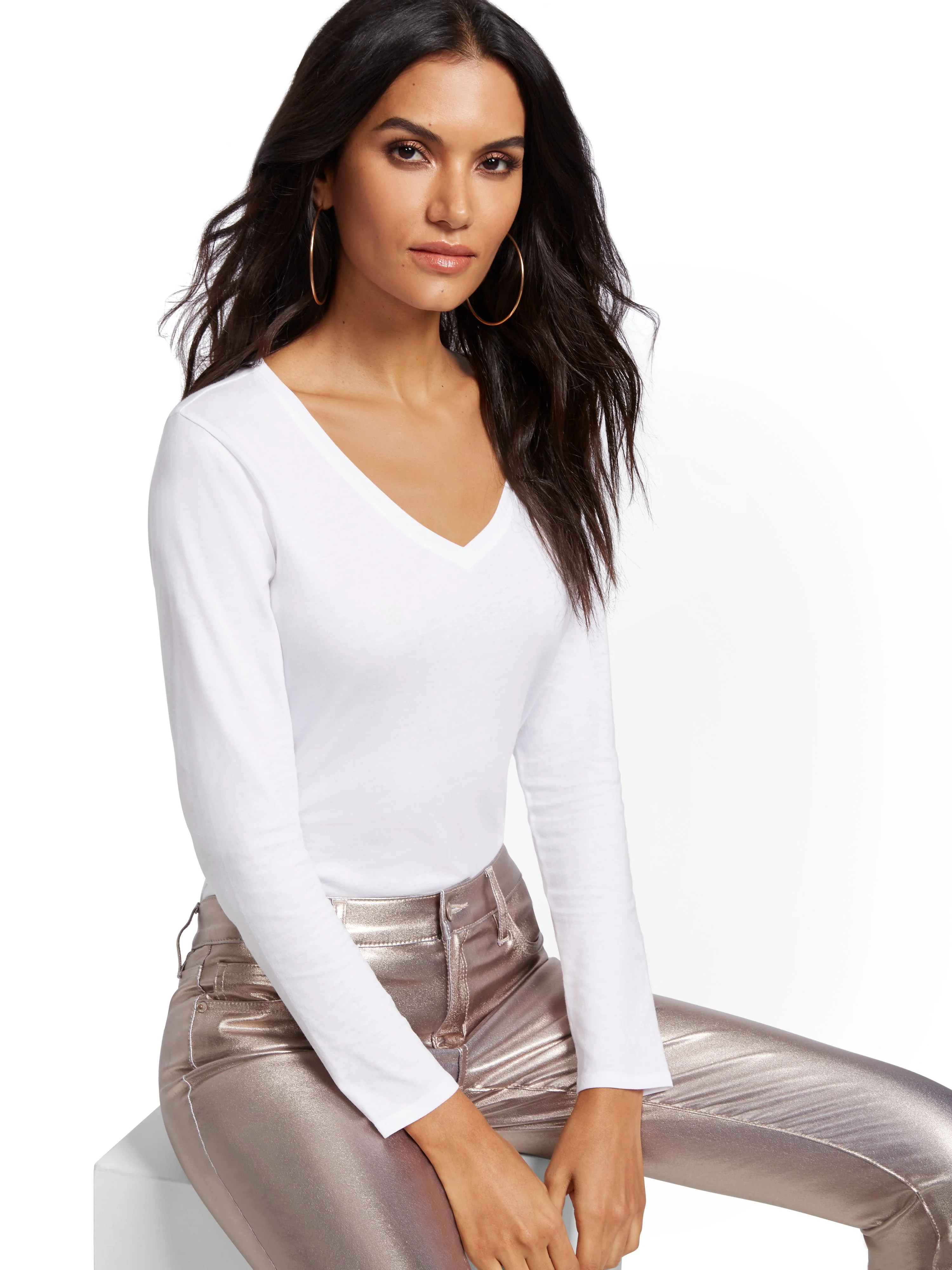 Essential Cotton V-Neck Long-Sleeve Tee - Image 7