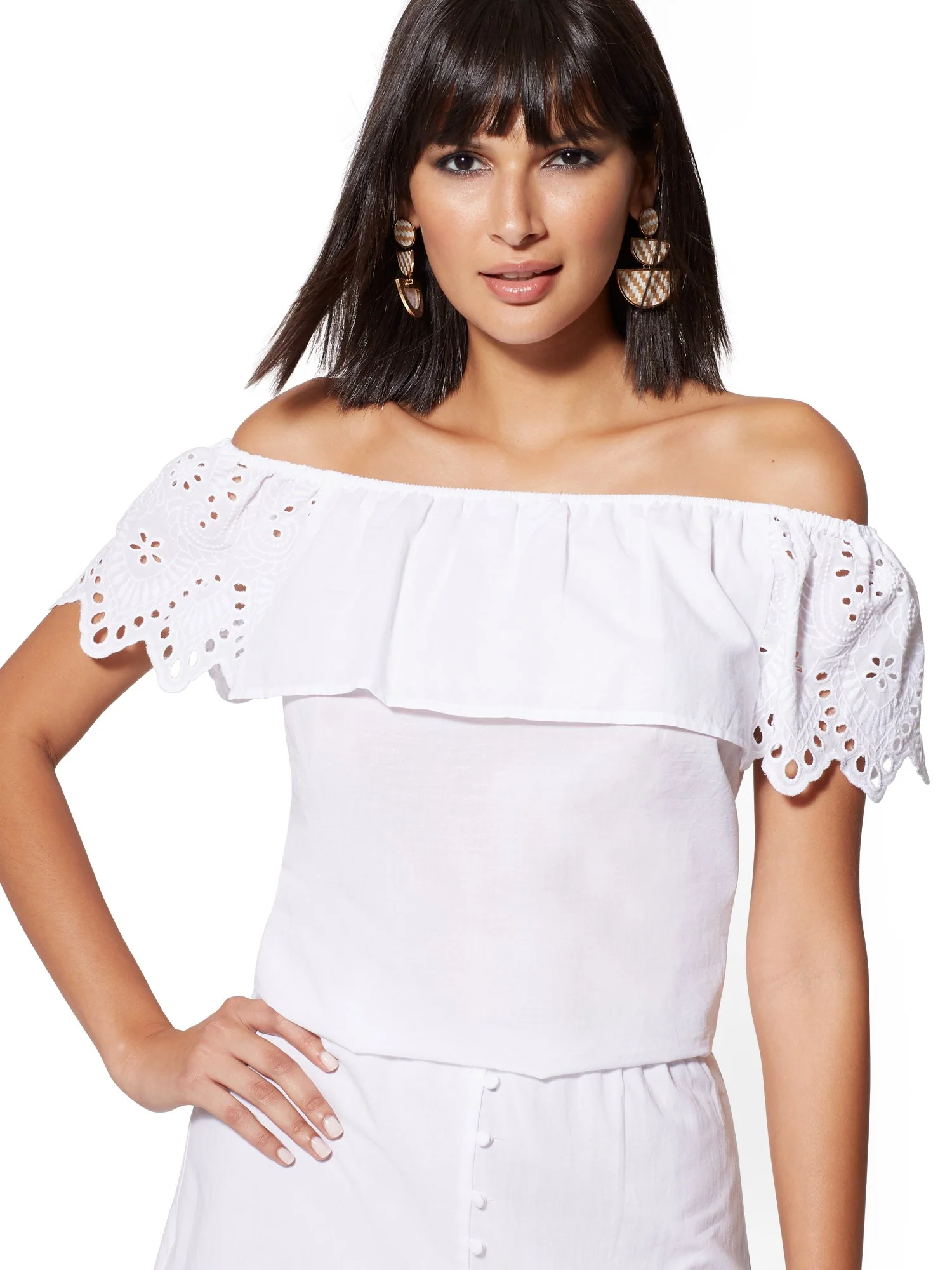 Eyelet-Overlay Off-The-Shoulder Blouse - Image 2