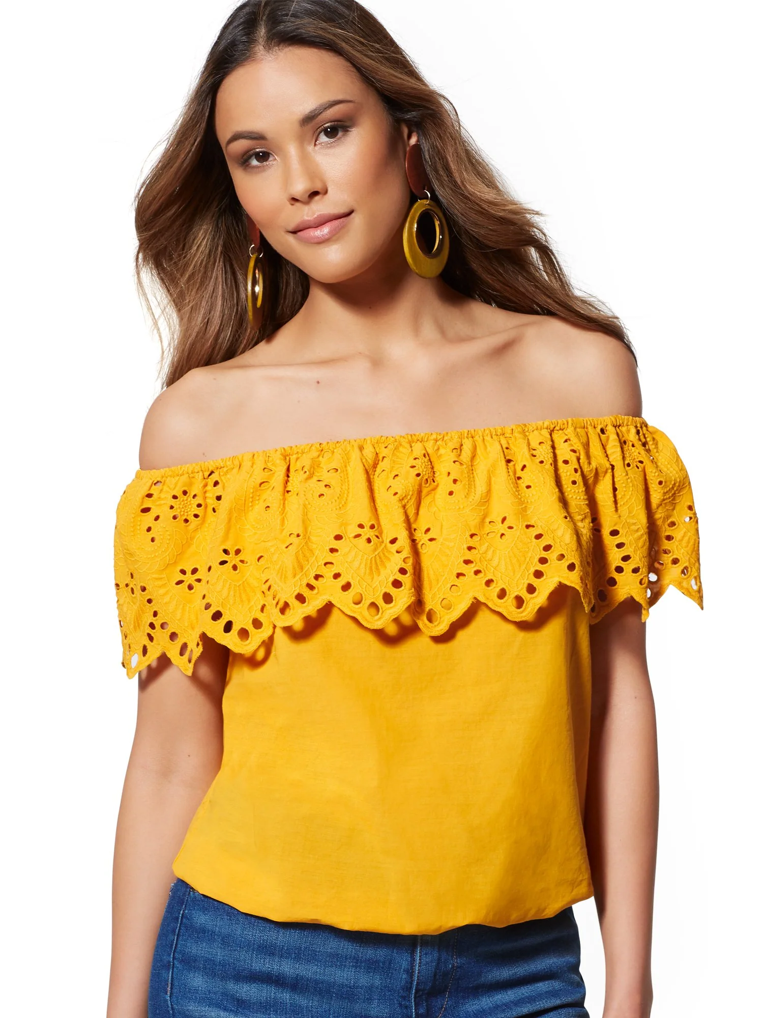 Eyelet-Overlay Off-The-Shoulder Blouse - Image 4