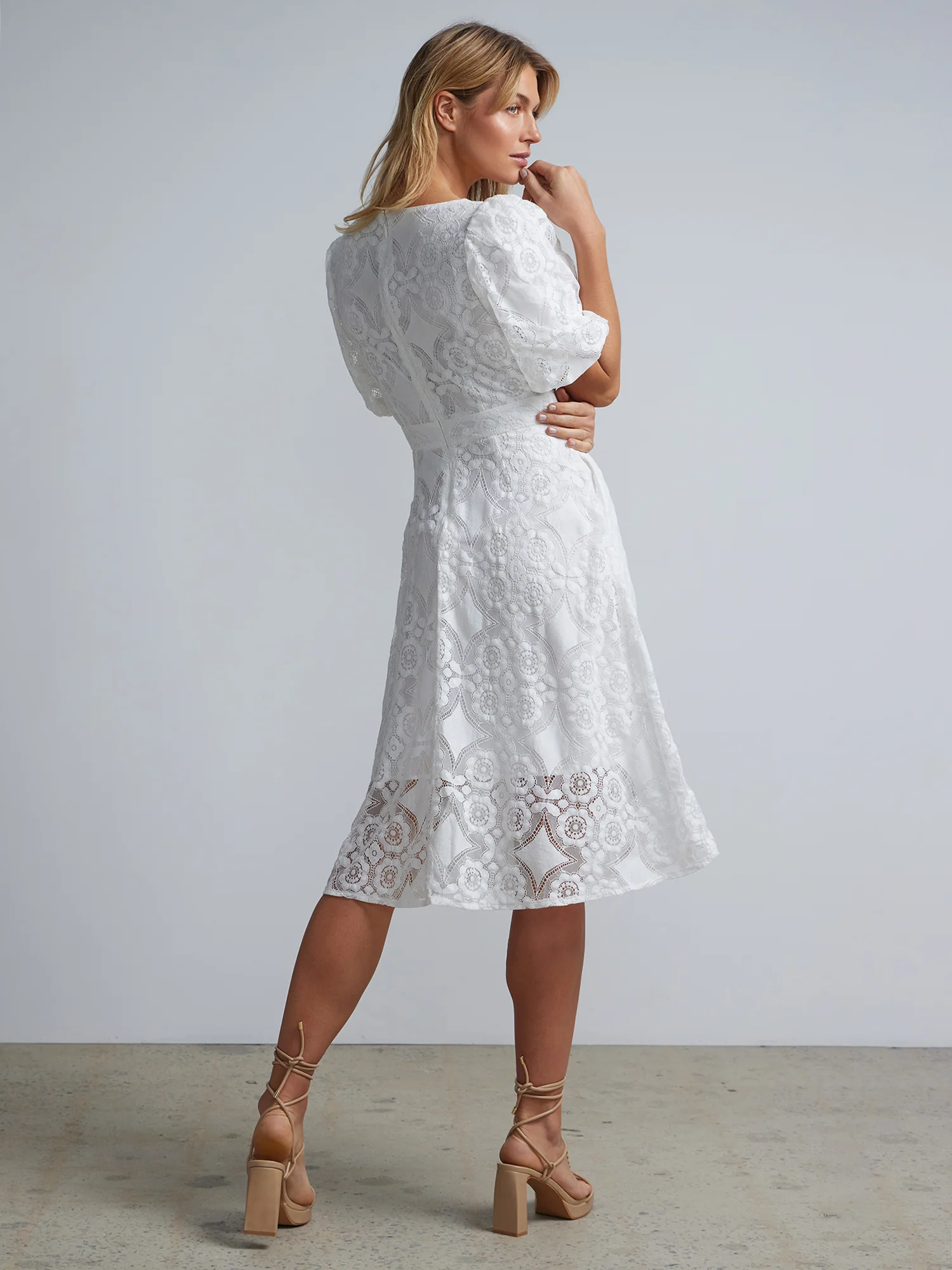 Eyelet Puff-Sleeve Midi Dress - Image 3