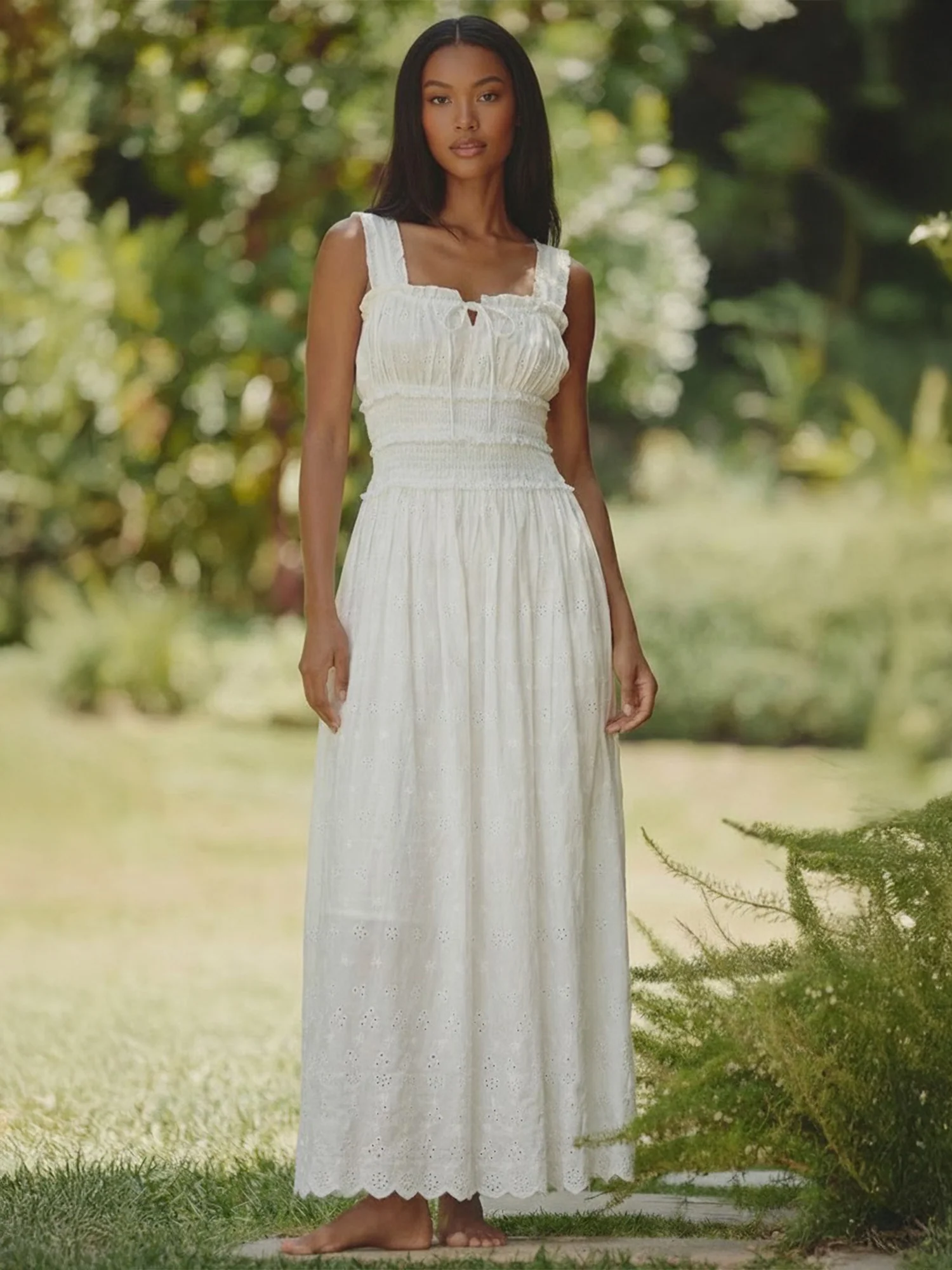 Square Neckline Smocked Bodice Eyelet Maxi Dress