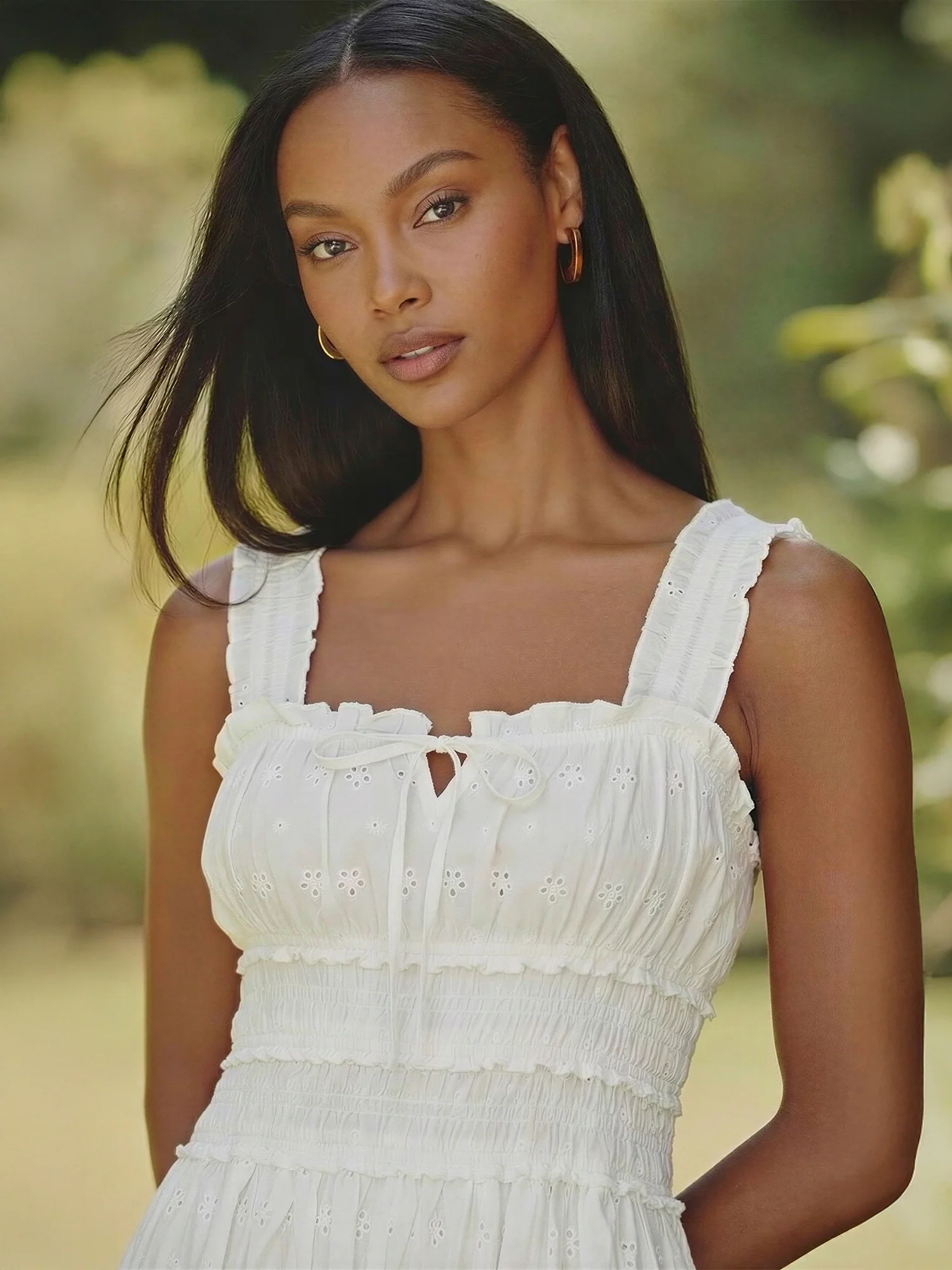 Square Neckline Smocked Bodice Eyelet Maxi Dress - Image 2