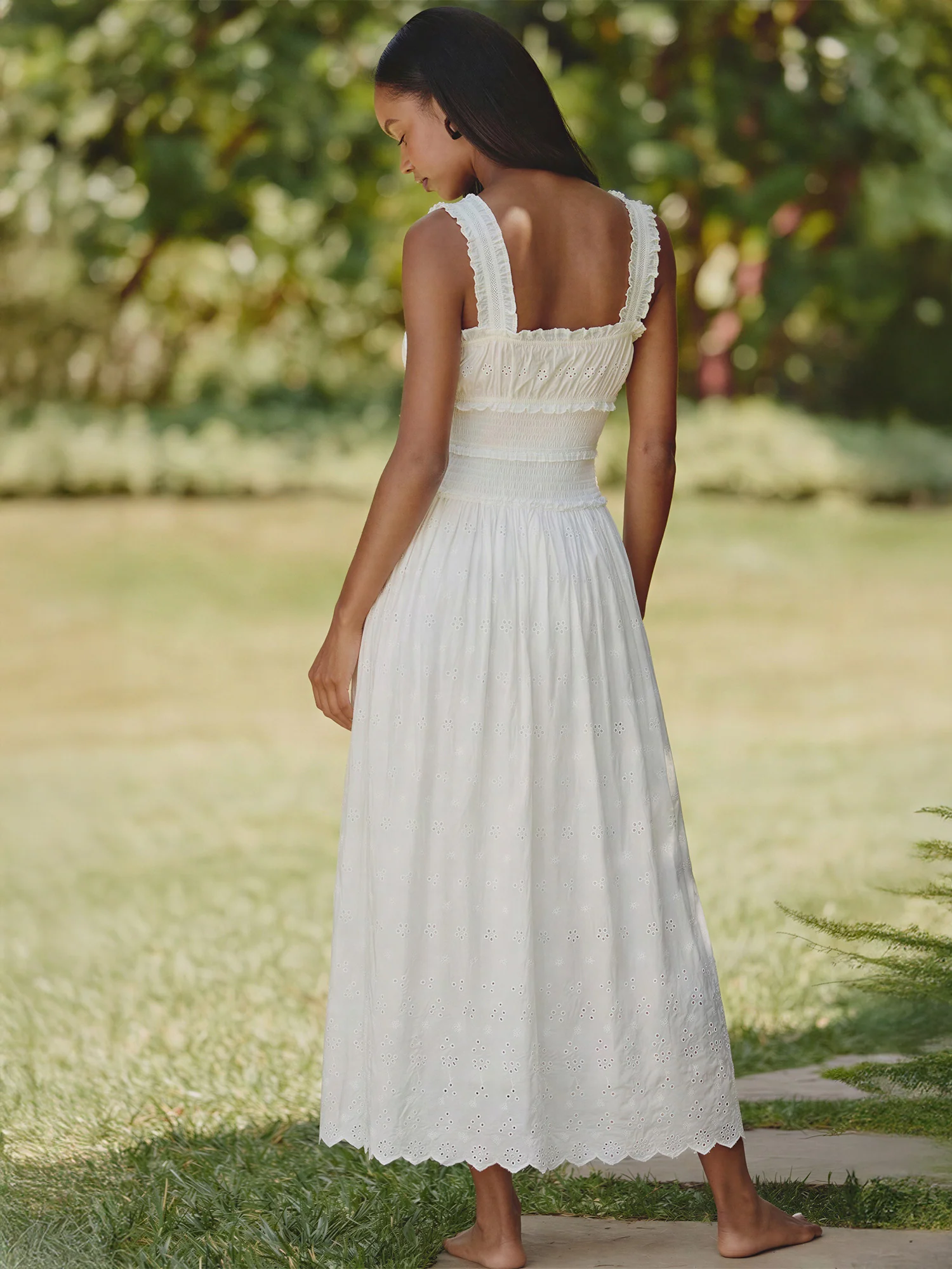 Square Neckline Smocked Bodice Eyelet Maxi Dress - Image 3