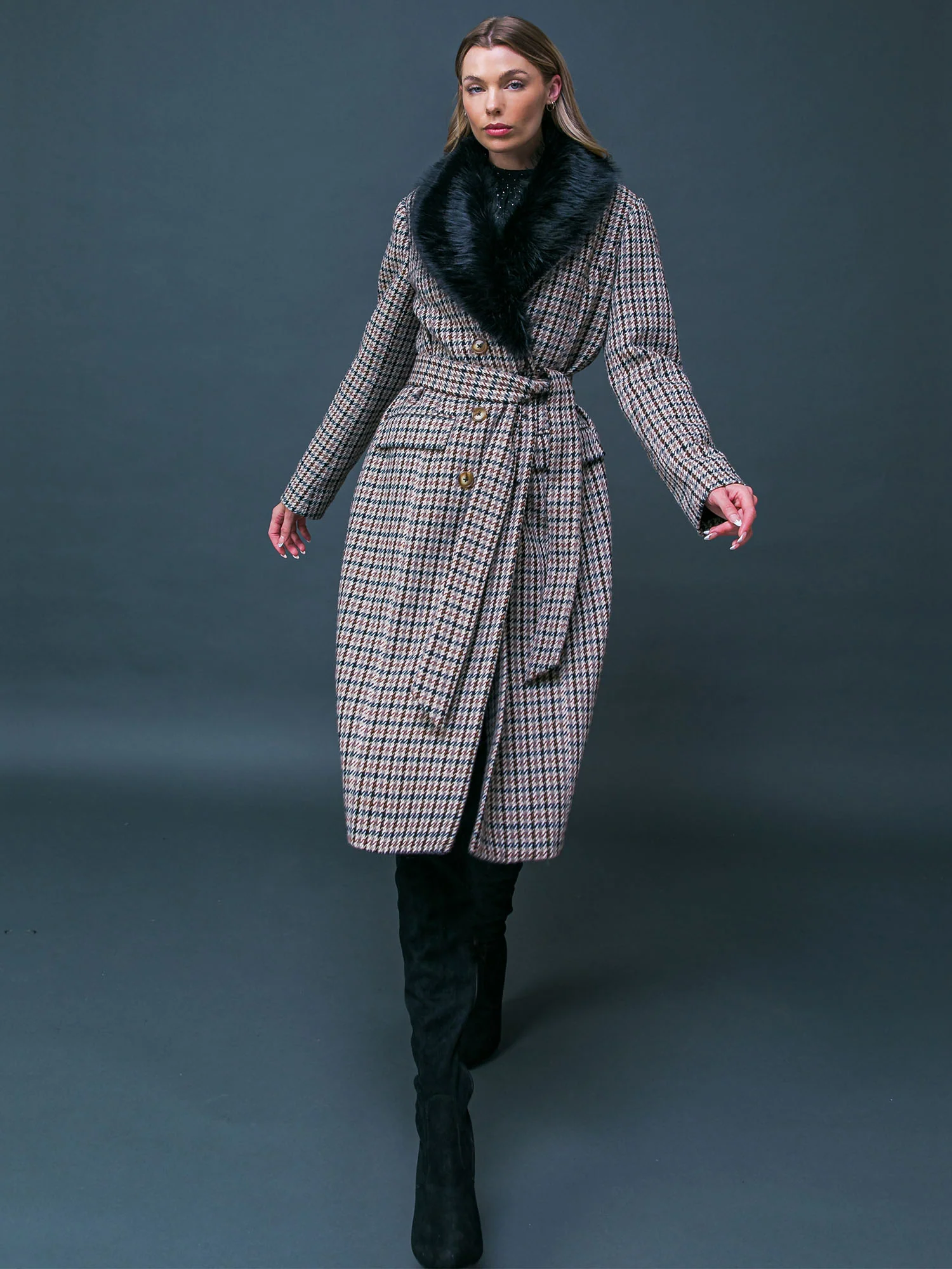Flying Tomato Faux Fur Collar Houndstooth Coat - Brands We Love - Image 3