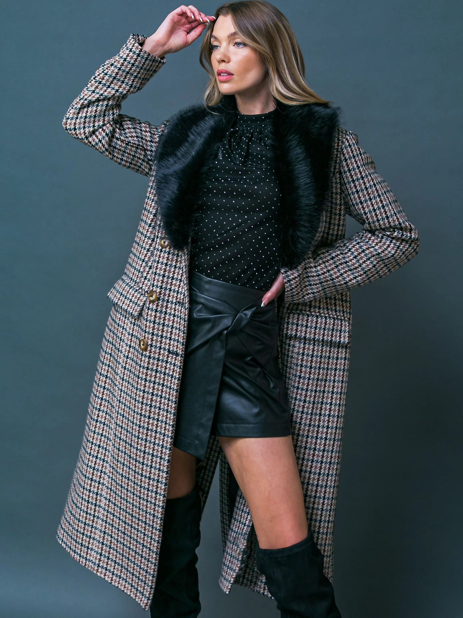 Flying Tomato Faux Fur Collar Houndstooth Coat - Brands We Love - Image 5