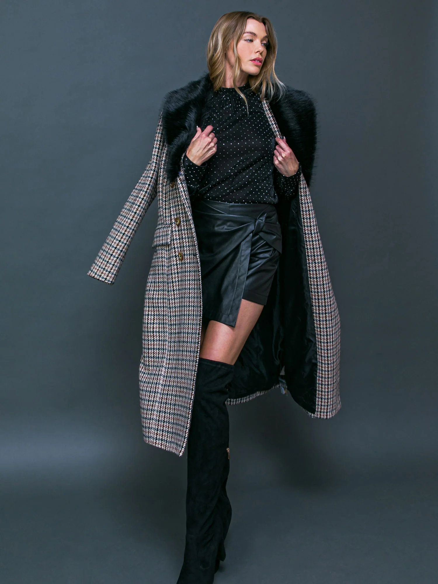Flying Tomato Faux Fur Collar Houndstooth Coat - Brands We Love - Image 6