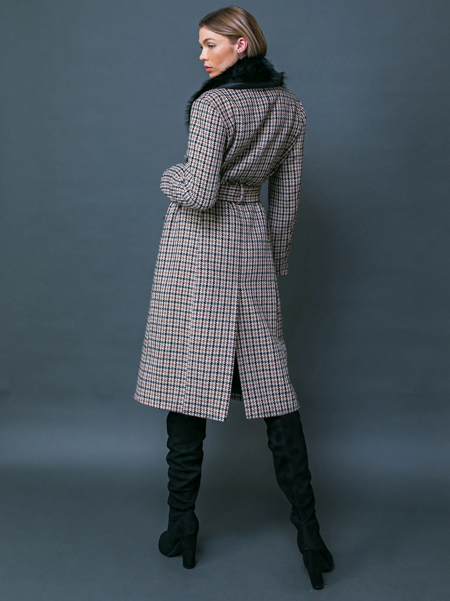 Flying Tomato Faux Fur Collar Houndstooth Coat - Brands We Love - Image 7