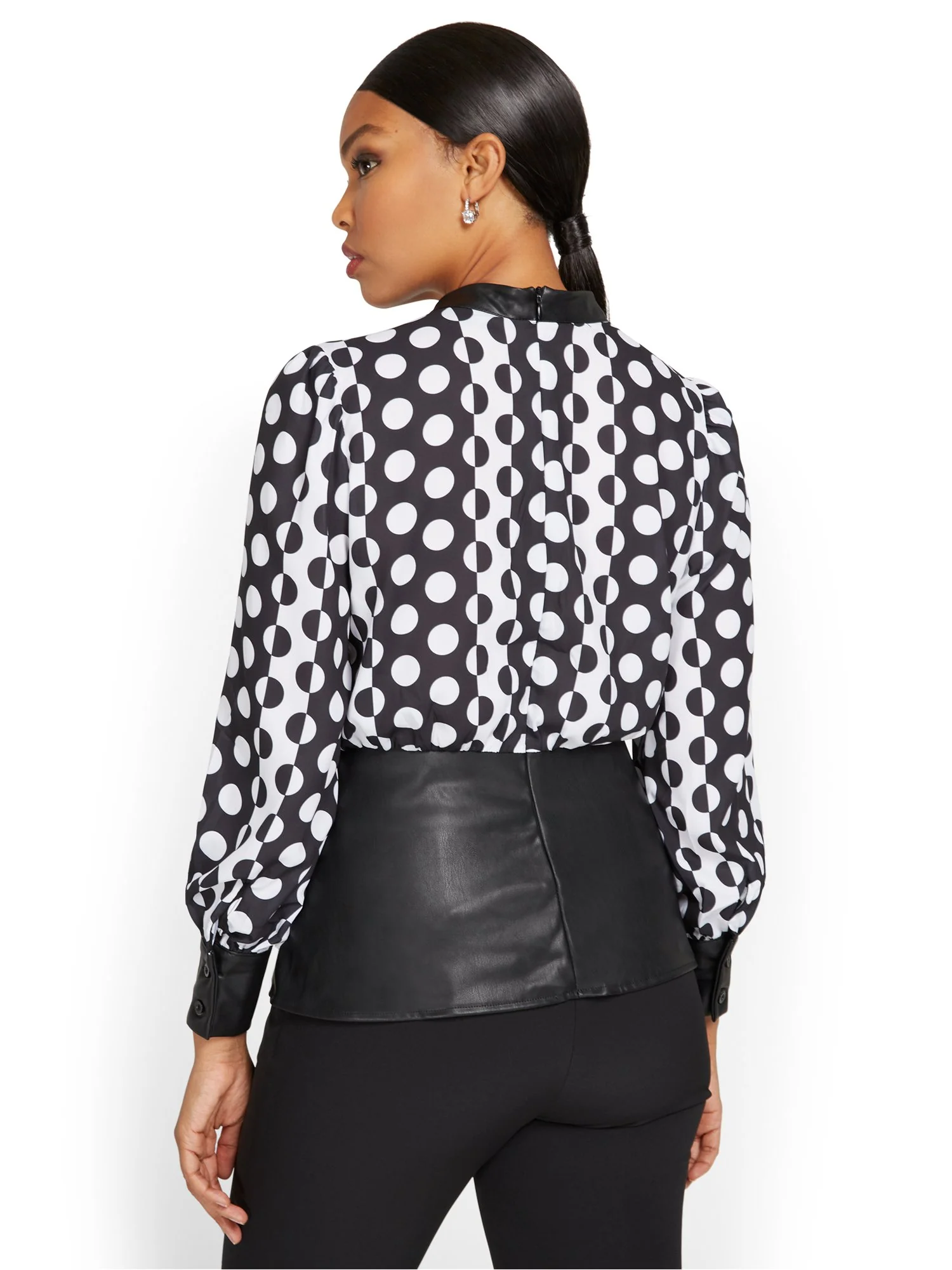 Faux-Leather Accent Dot-Detail Blouse - Image 3
