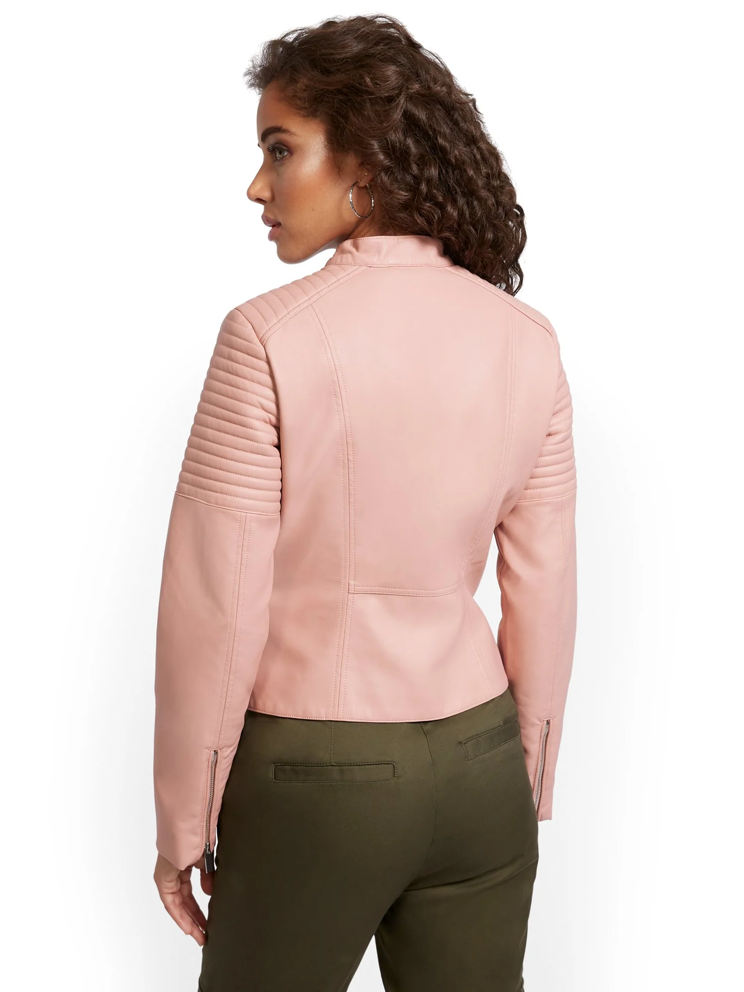 Faux-Leather Banded Collar Moto Jacket - Image 2