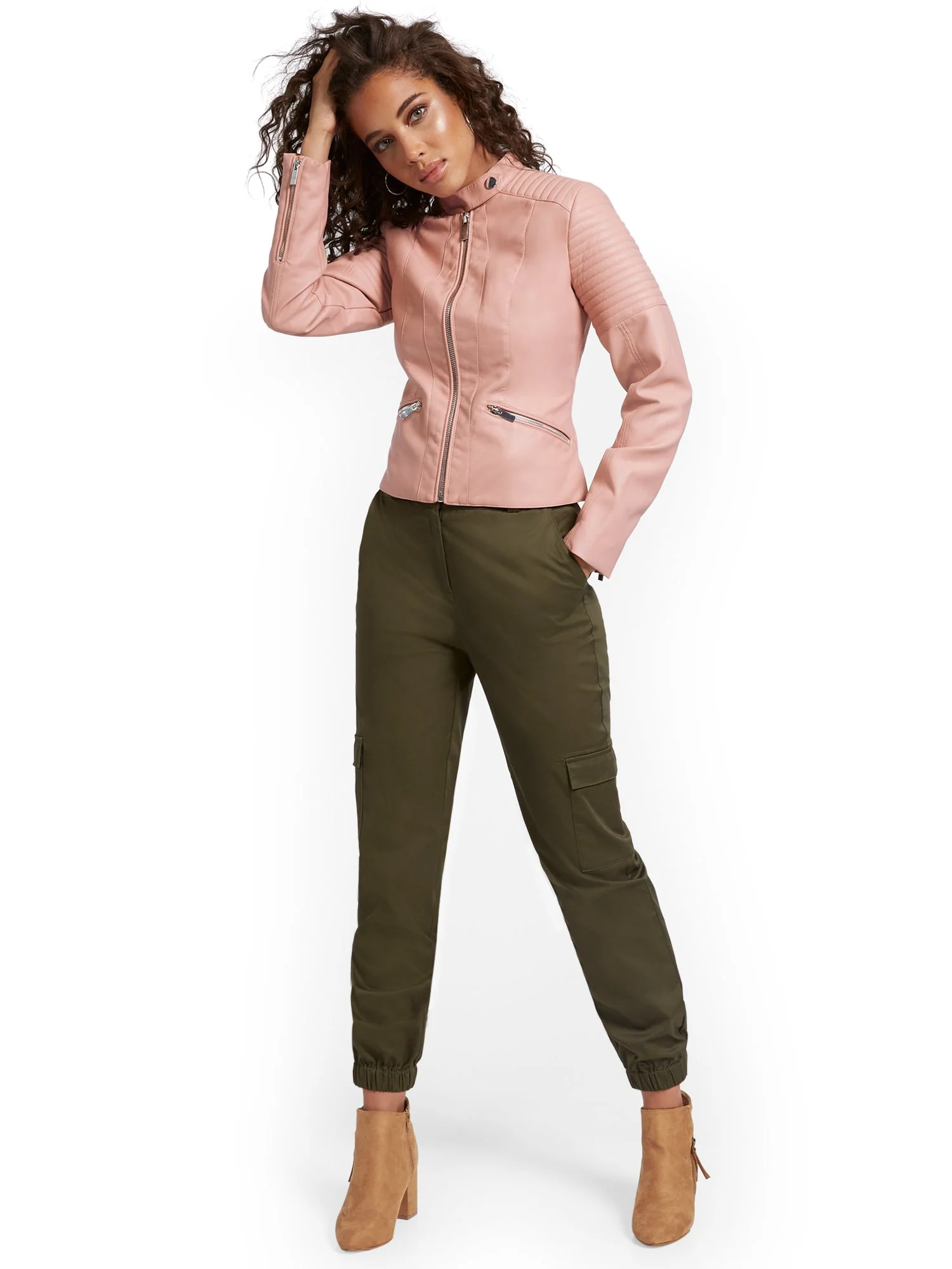 Faux-Leather Banded Collar Moto Jacket - Image 3