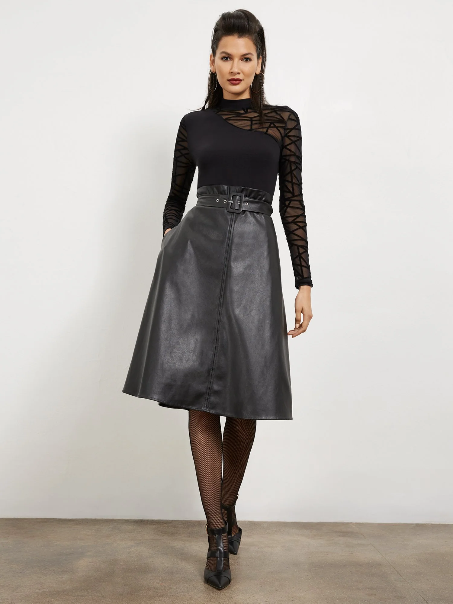 Faux-Leather Belted Flare Skirt