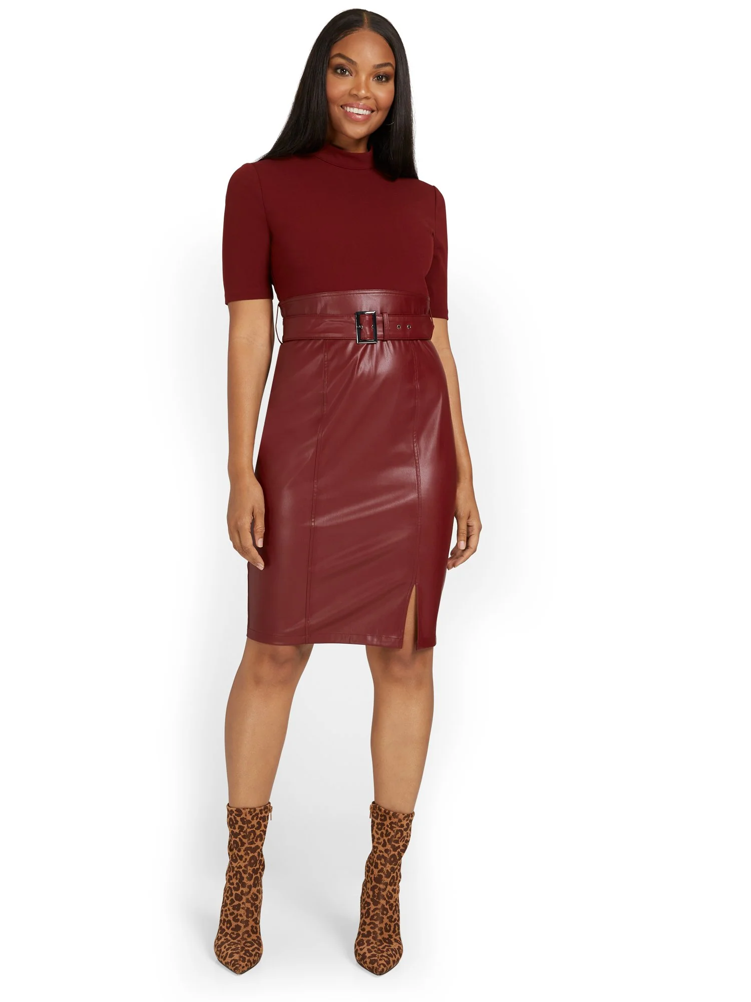 Faux-Leather Belted Sheath Dress - Image 2