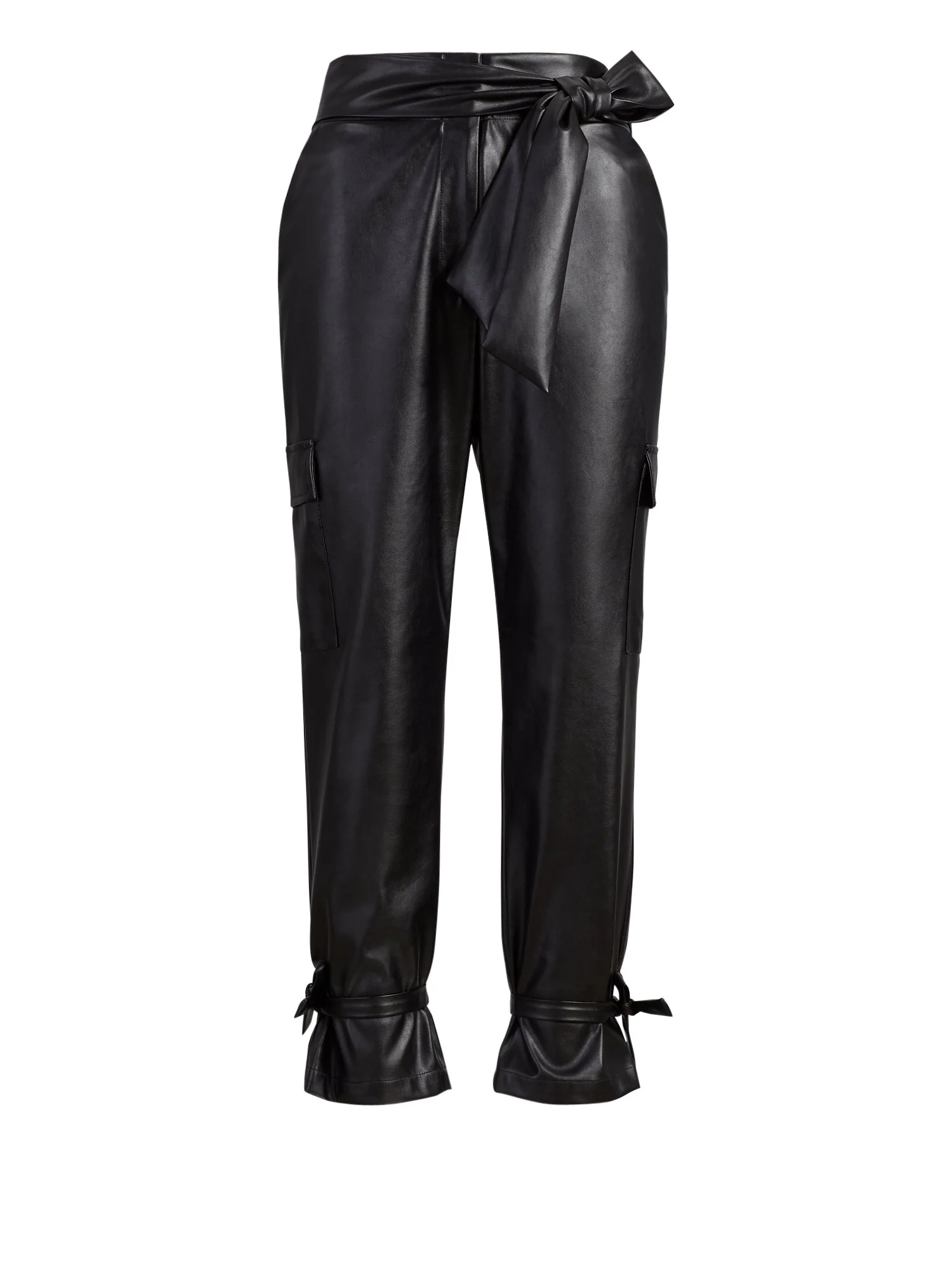 Faux Leather High-Waist Tie-Cuff Cargo Pant