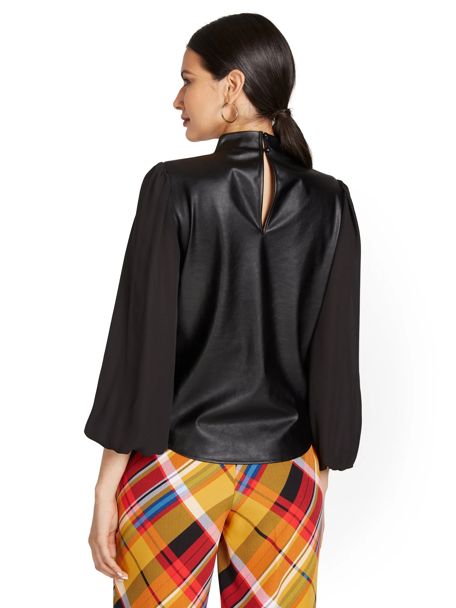 Faux-Leather Mock-Neck Blouse - Image 3