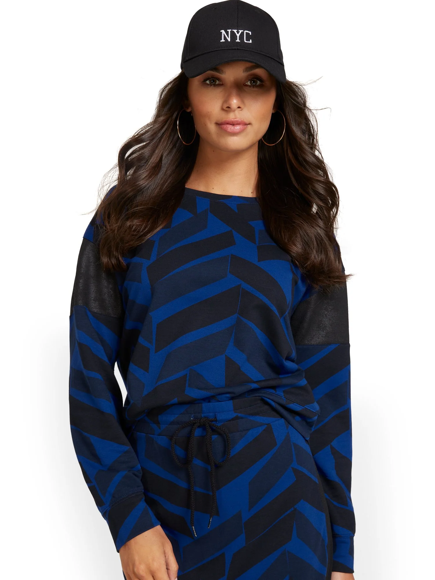 Faux-Leather Panel Geometric-Print Pullover