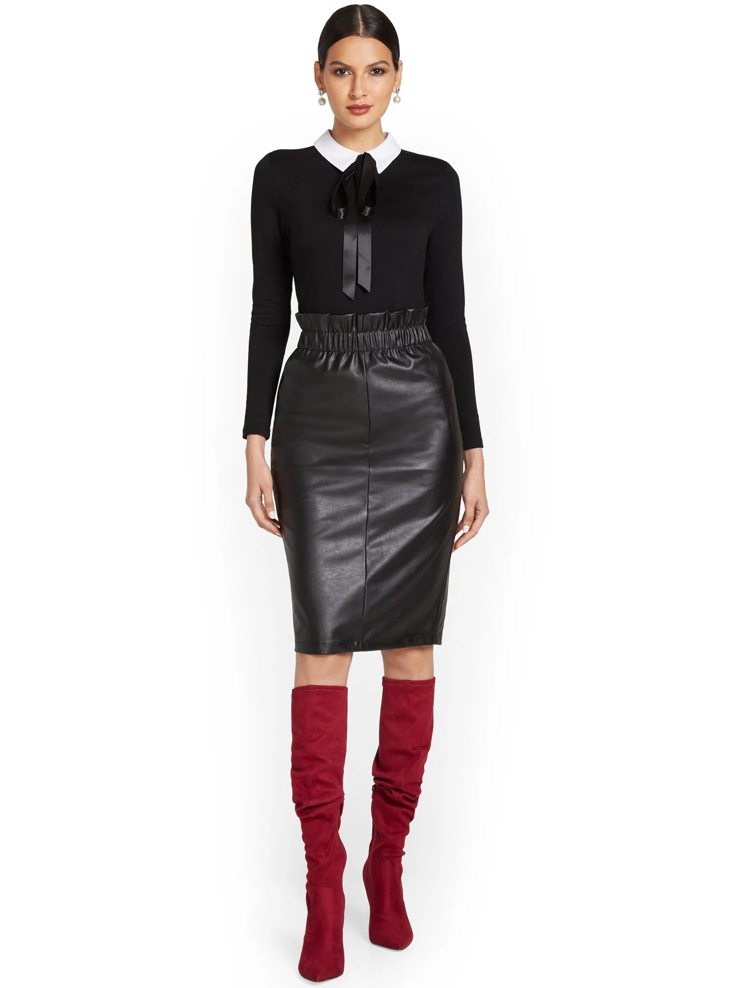 Faux-Leather Paperbag-Waist Pencil Skirt - Image 4