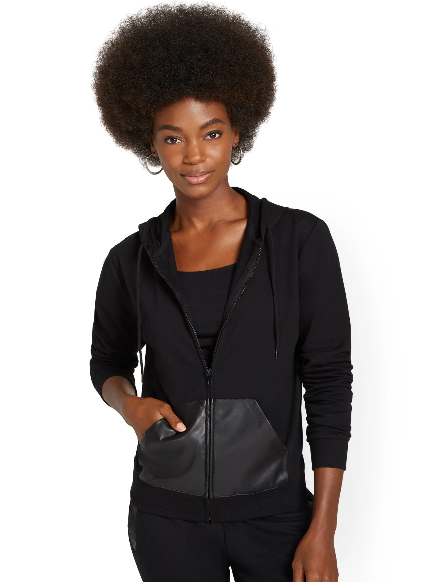 Faux-Leather Pocket French Terry Hoodie - Image 2