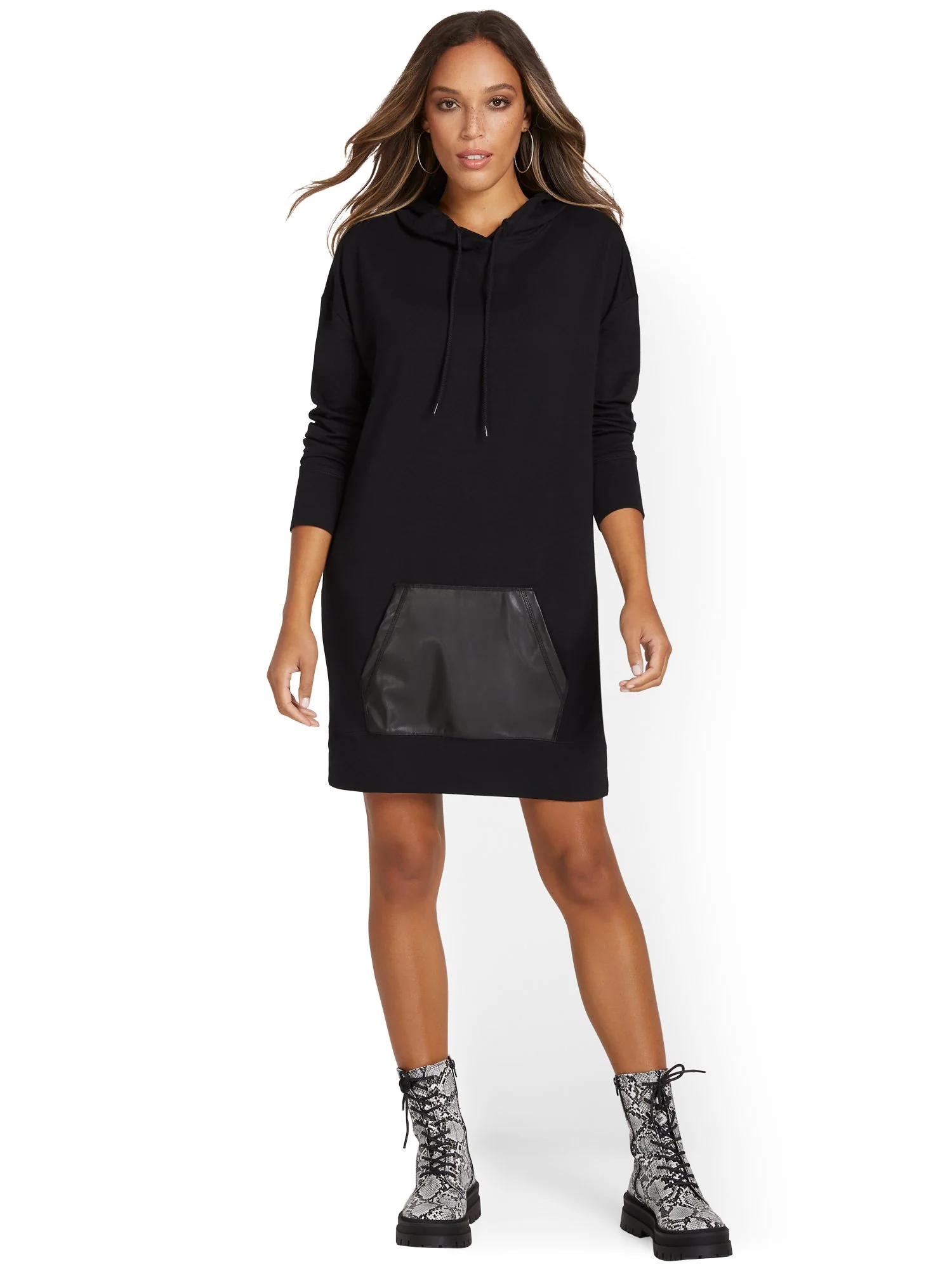 Faux-Leather Pocket Hoodie Dress - Image 2