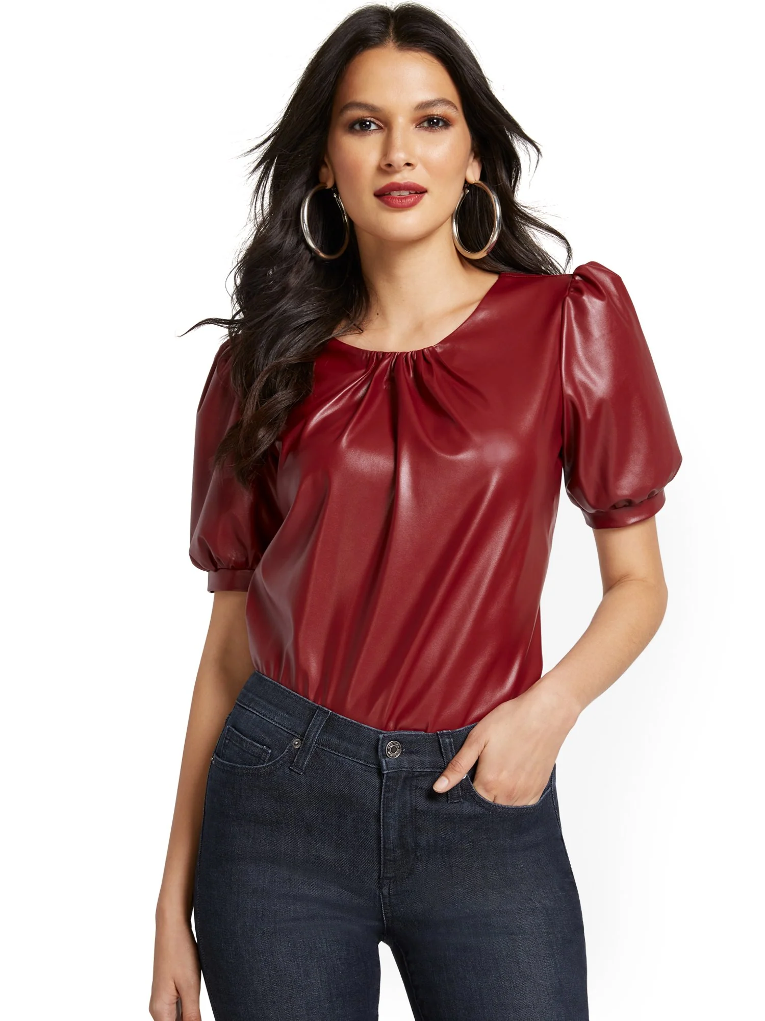Faux-Leather Puff-Sleeve Blouse - Image 2