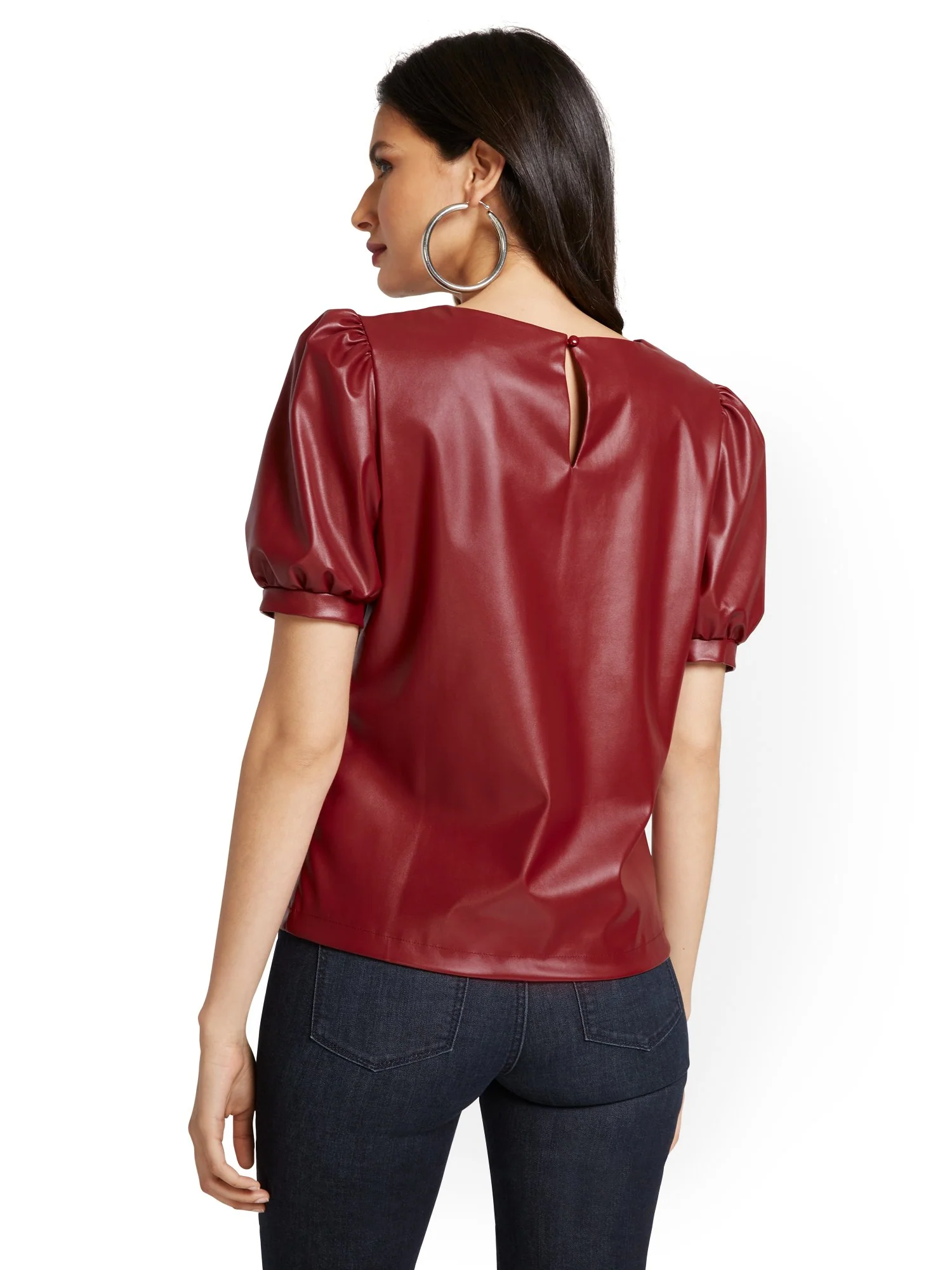 Faux-Leather Puff-Sleeve Blouse - Image 3