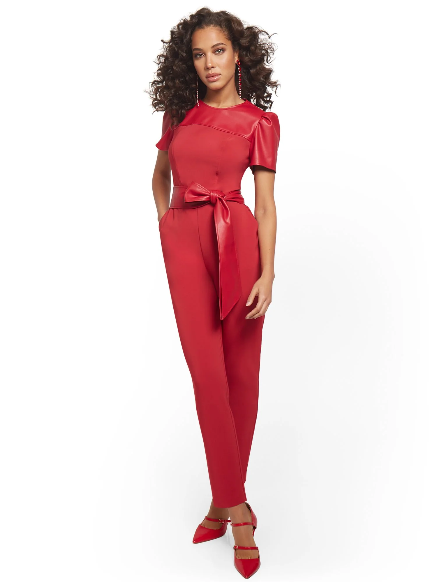 Faux-Leather Puff-Sleeve Jumpsuit
