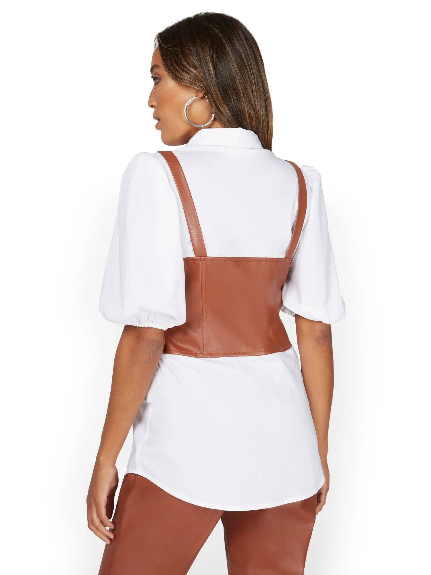 Faux-Leather Puff-Sleeve Twofer Top - Image 3
