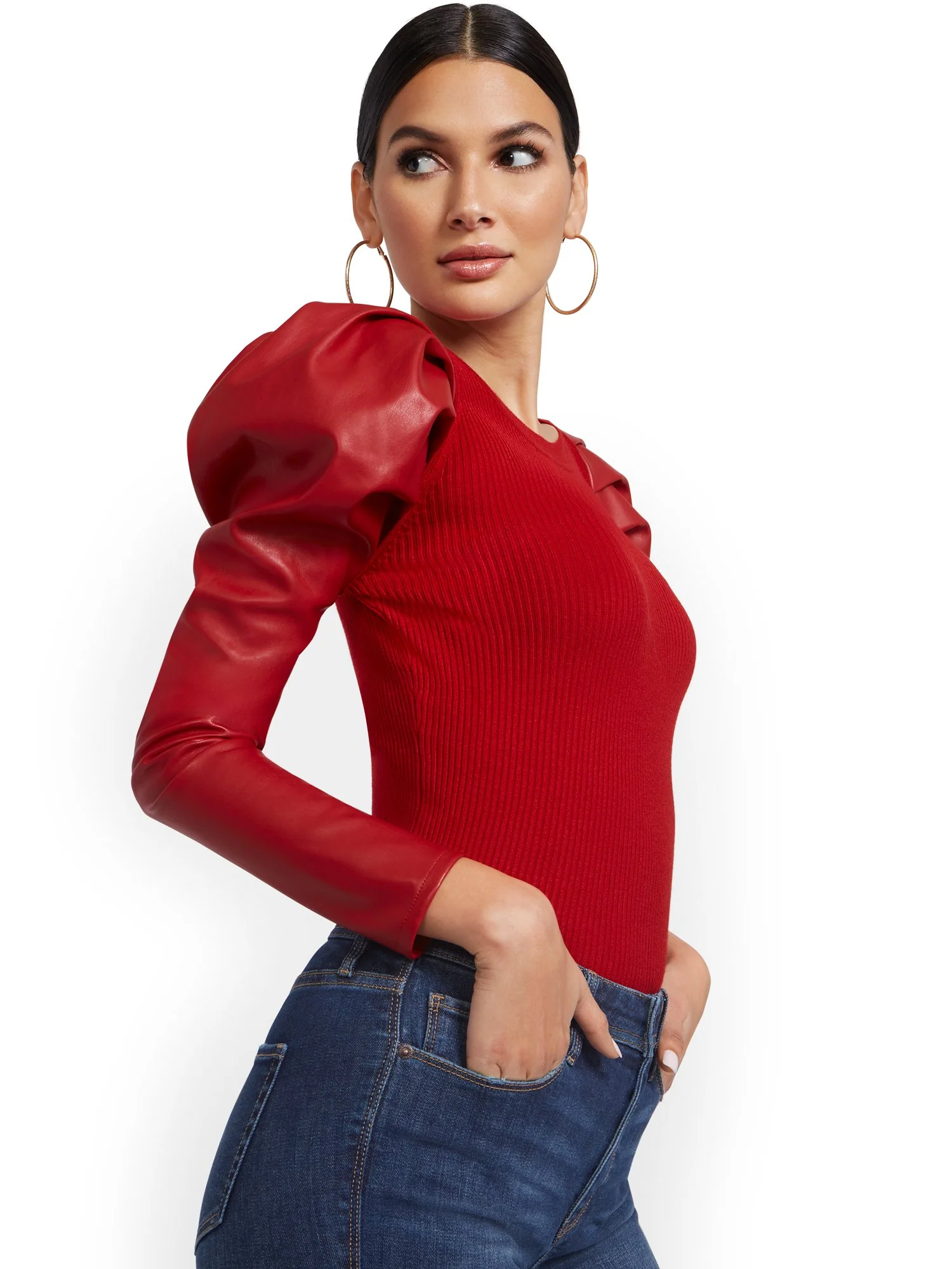 Faux-Leather Sleeve Sweater - Image 6